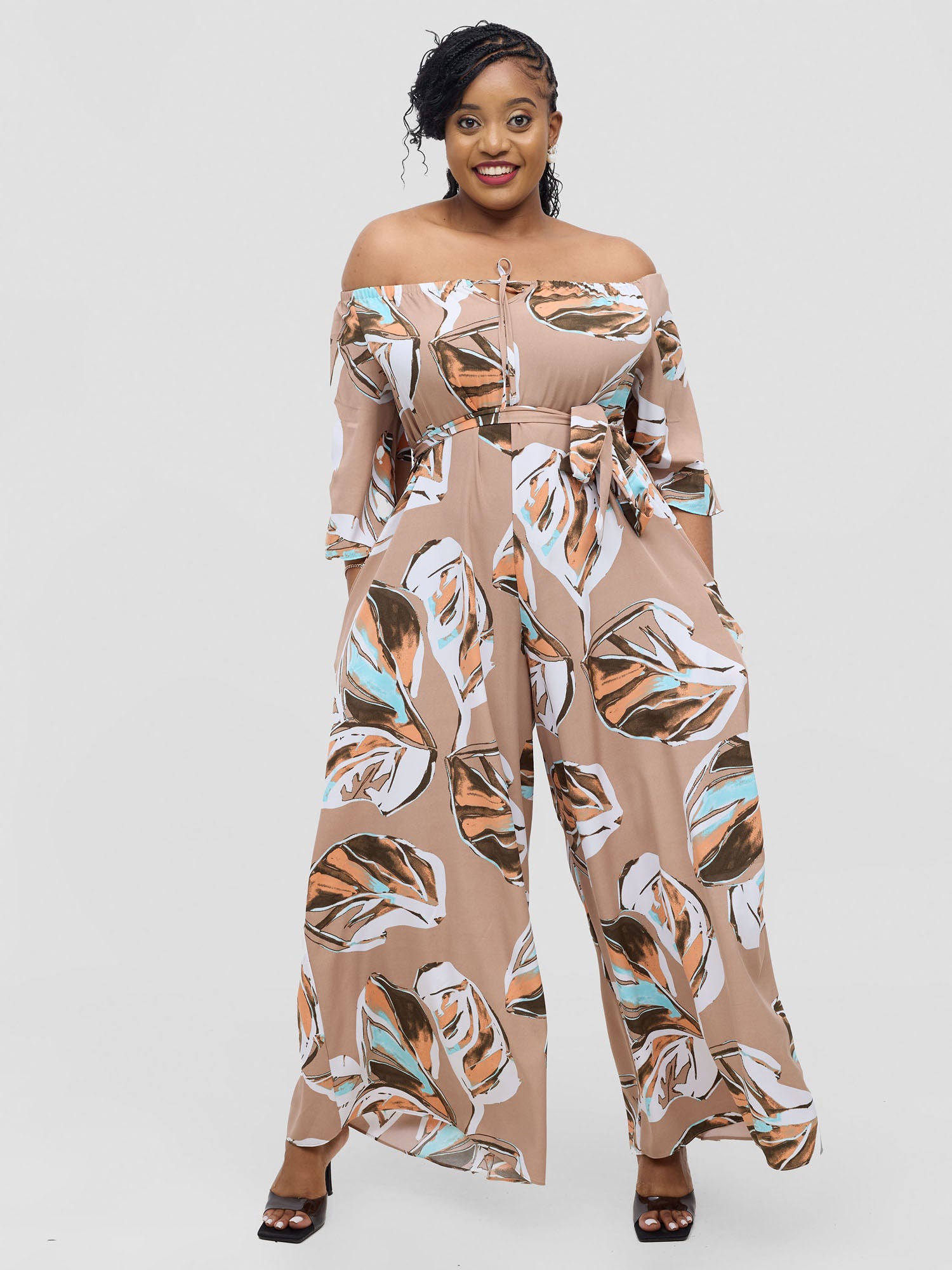 Vivo Zahari 3/4 Sleeve Off-Shoulder Jumpsuit - Taupe Ari Print