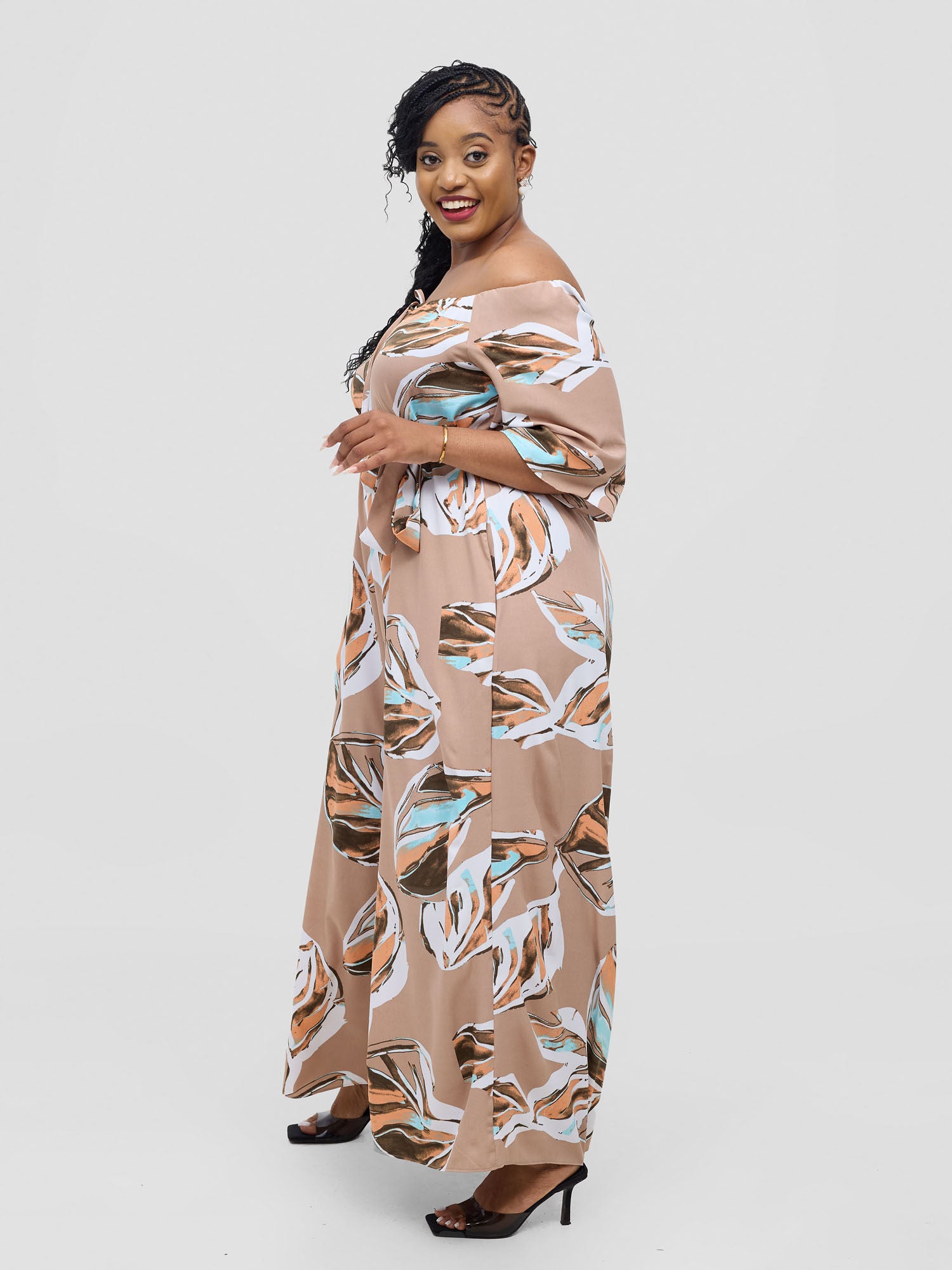 Vivo Zahari 3/4 Sleeve Off-Shoulder Jumpsuit - Taupe Ari Print