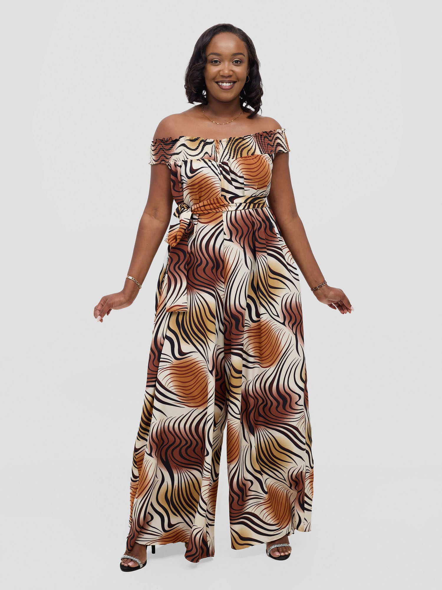 Vivo Alek Shirred Off- Shoulder Jumpsuit - Cream Jazah Print