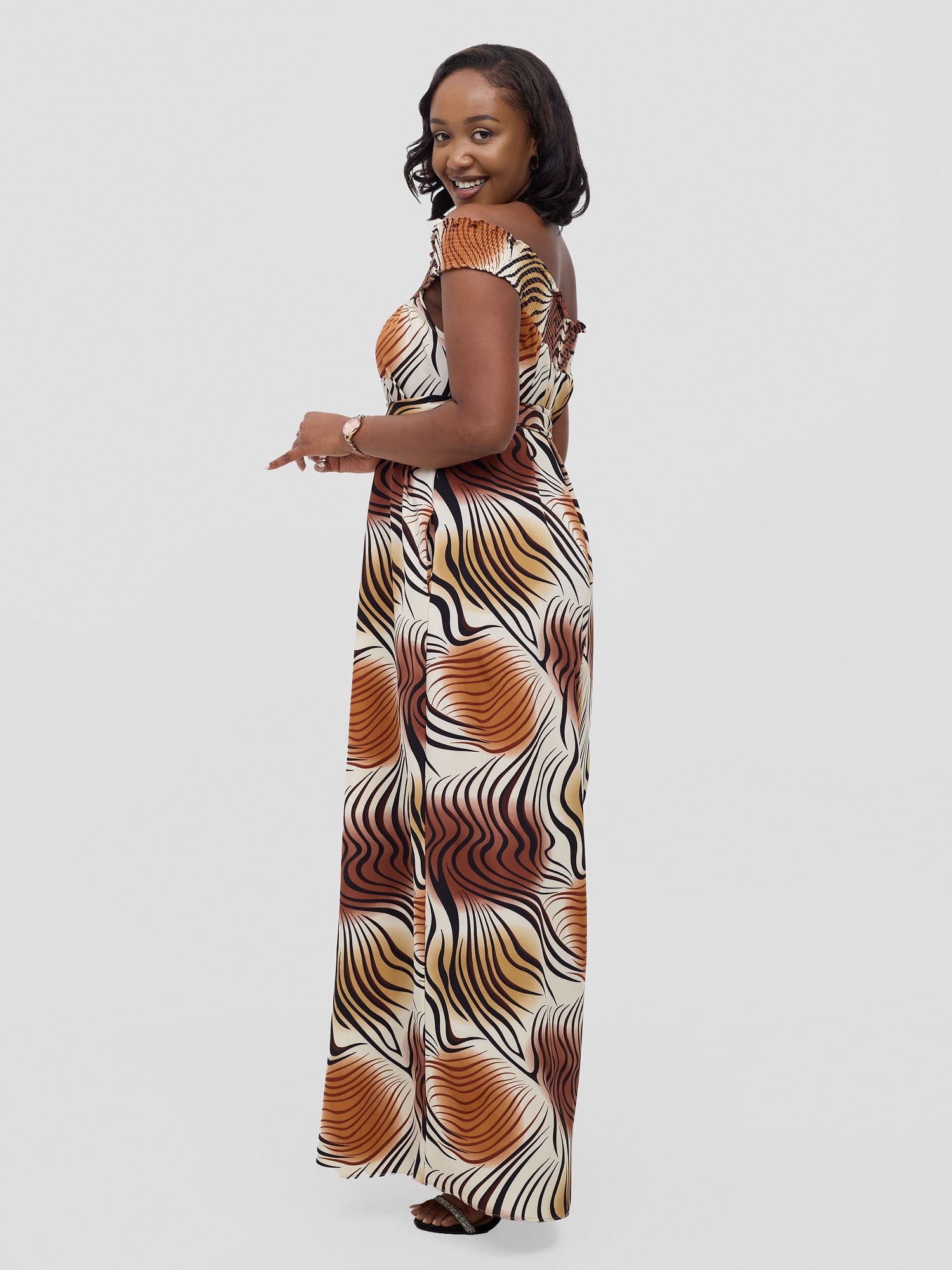 Vivo Alek Shirred Off- Shoulder Jumpsuit - Cream Jazah Print