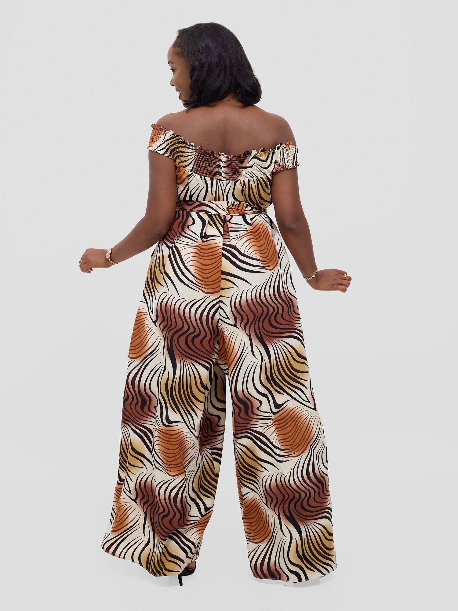 Vivo Alek Shirred Off- Shoulder Jumpsuit - Cream Jazah Print