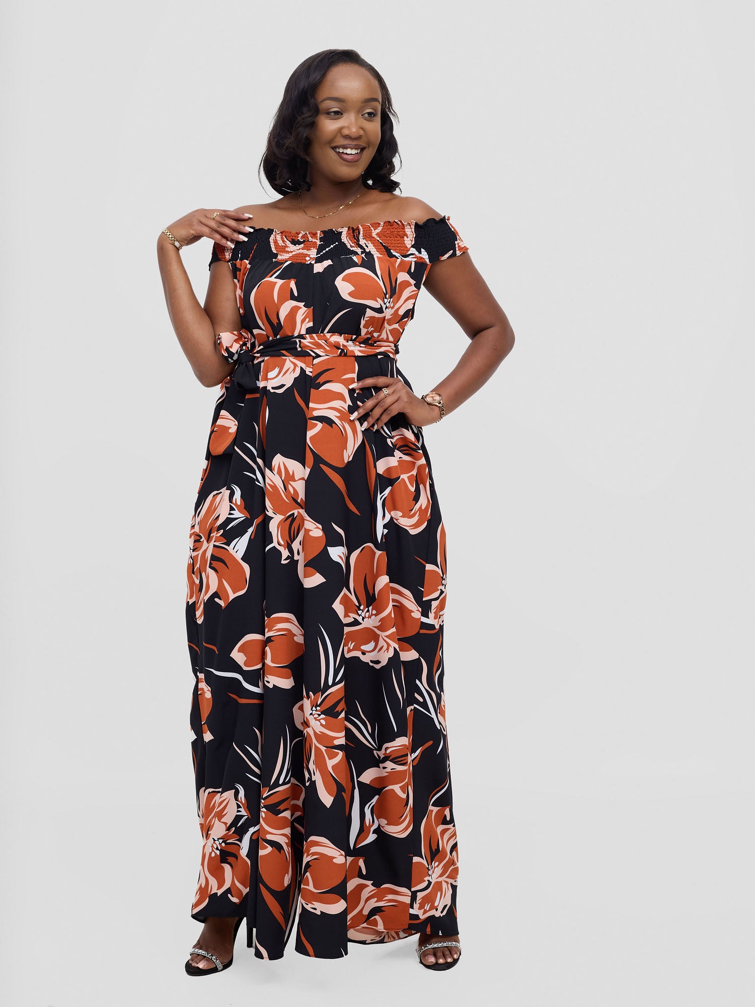 Vivo Alek Shirred Off- Shoulder Jumpsuit - Rust Jazah Print