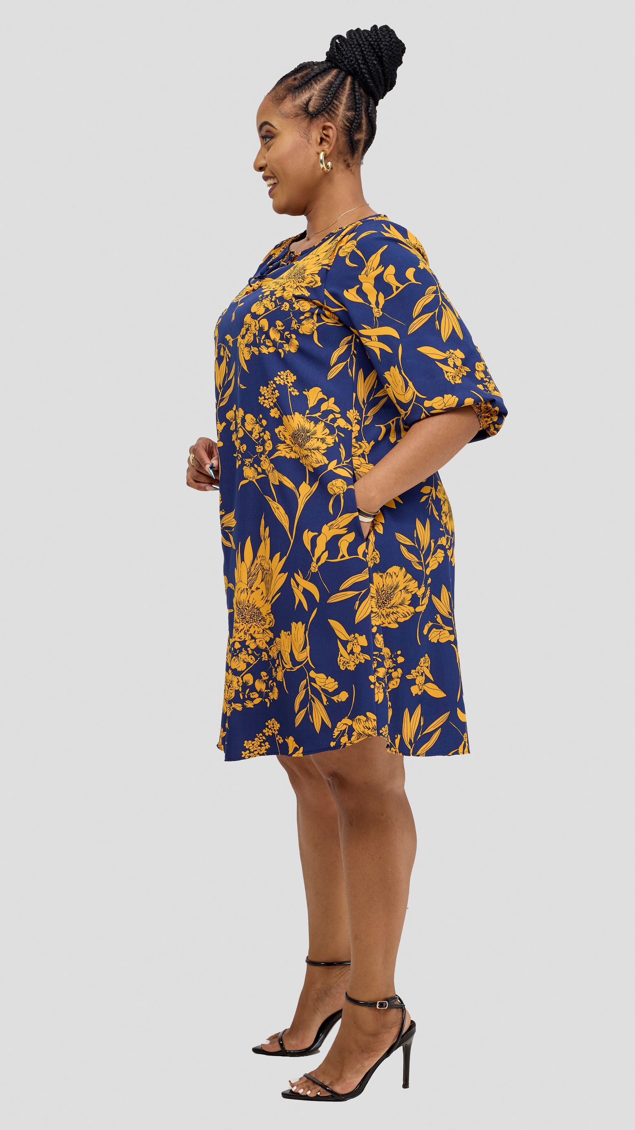 Vivo Nala 3/4 Sleeve Tent Dress - Navy / Mustard Print