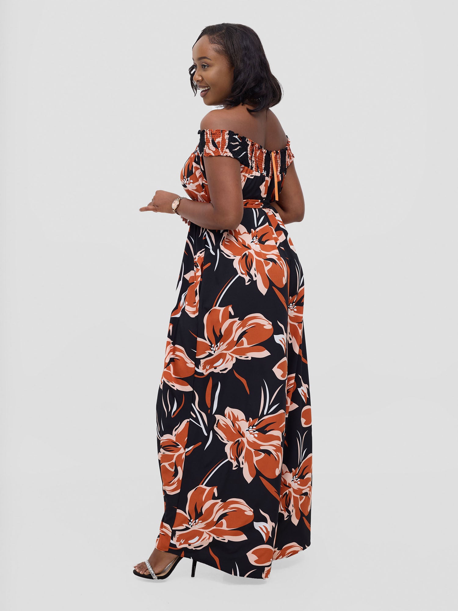 Vivo Alek Shirred Off- Shoulder Jumpsuit - Rust Jazah Print