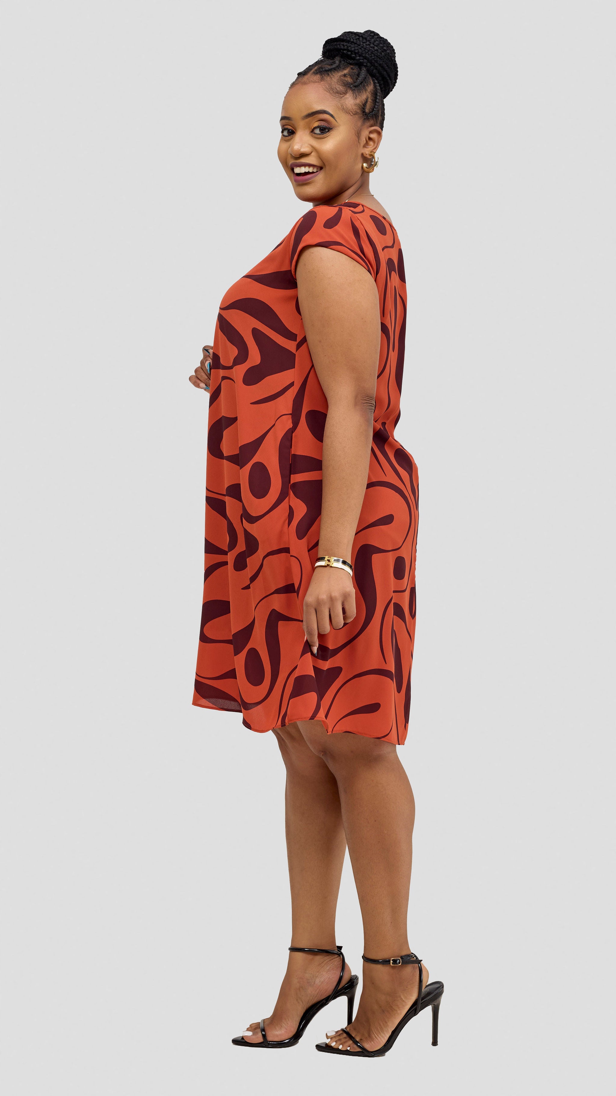Vivo Sierra Cap Sleeve Tent Chiffon Dress - Rust / Burgundy Mohi Print