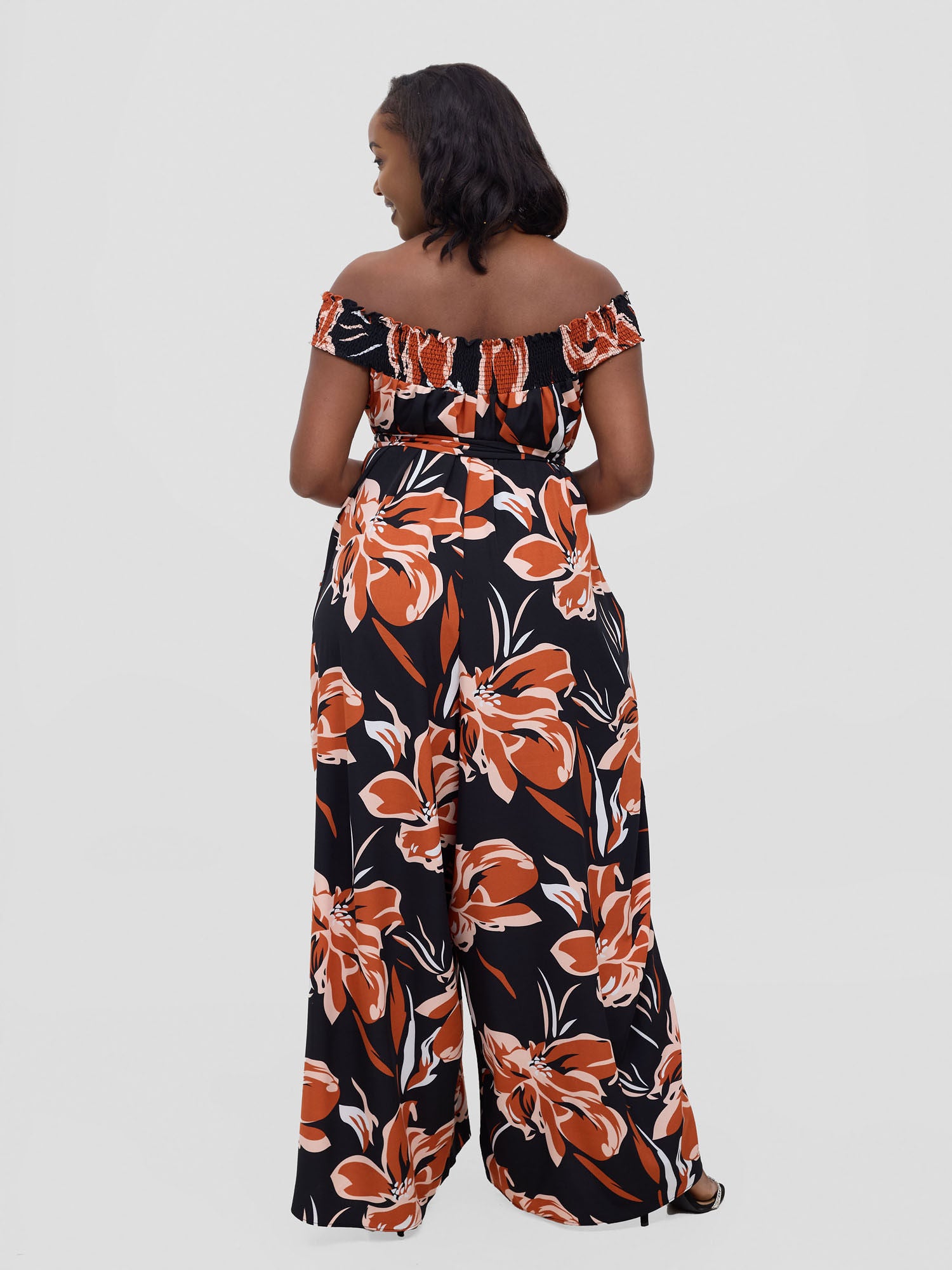 Vivo Alek Shirred Off- Shoulder Jumpsuit - Rust Jazah Print