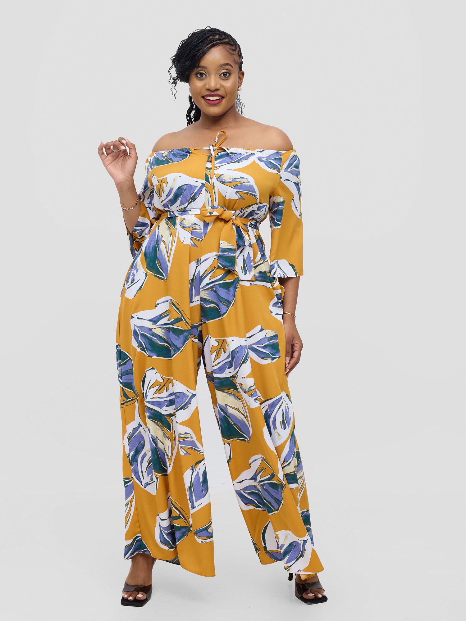 Vivo Zahari 3/4 Sleeve Off-Shoulder Jumpsuit - Purple Ari Print