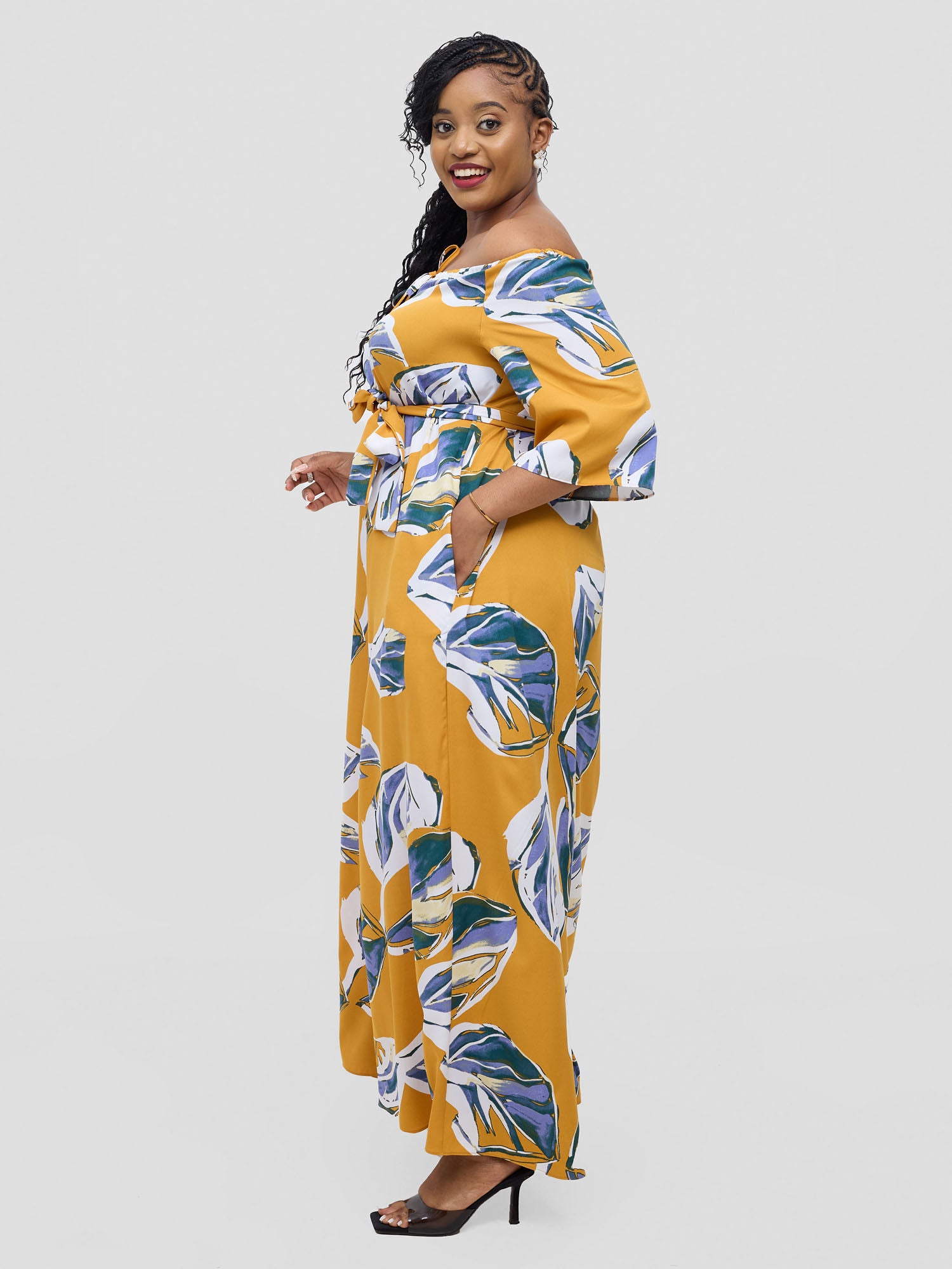 Vivo Zahari 3/4 Sleeve Off-Shoulder Jumpsuit - Purple Ari Print