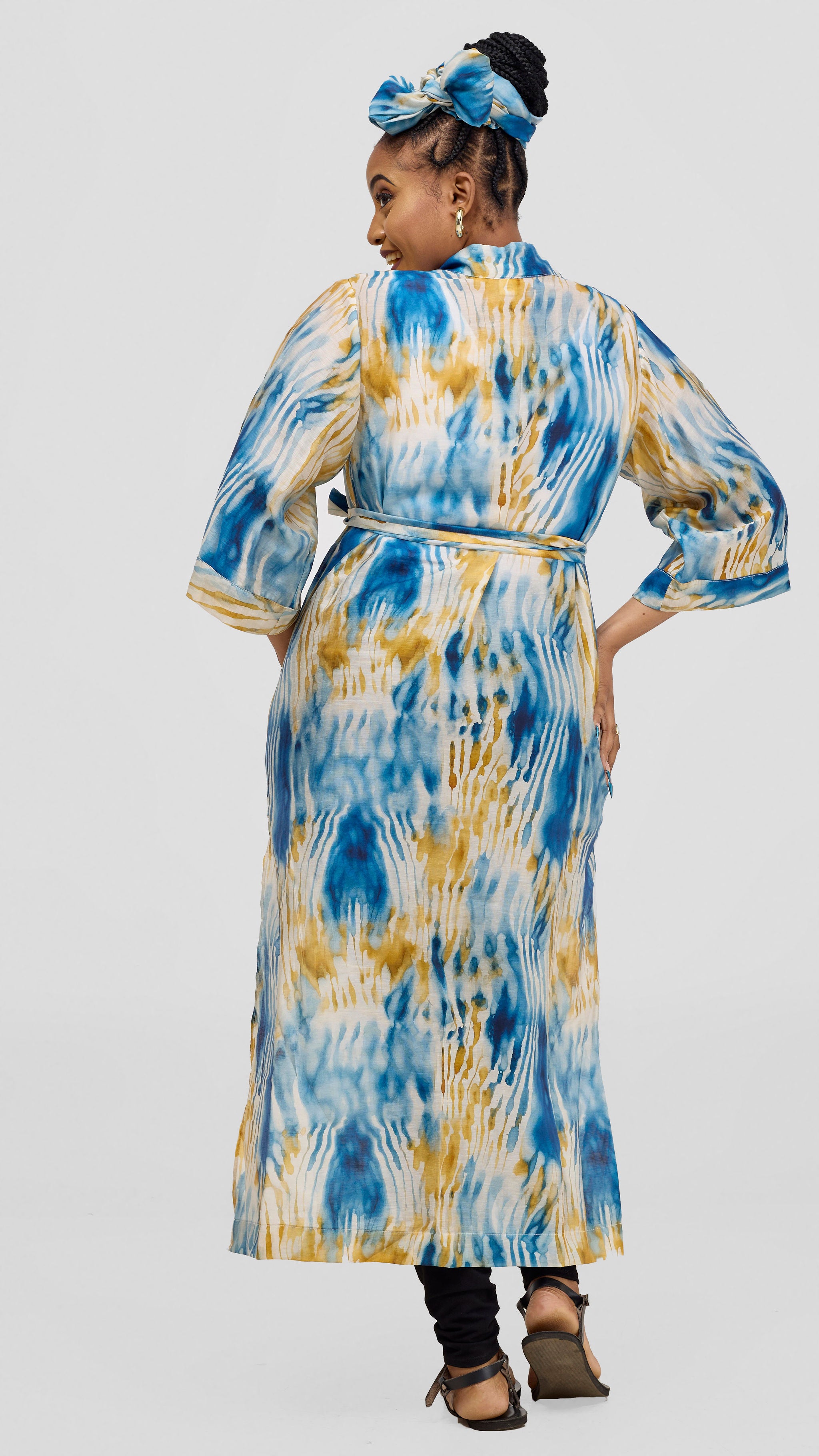 Safari 3/4 Sleeve Maxi Kimono With Headwrap - Mustard / Cream Print