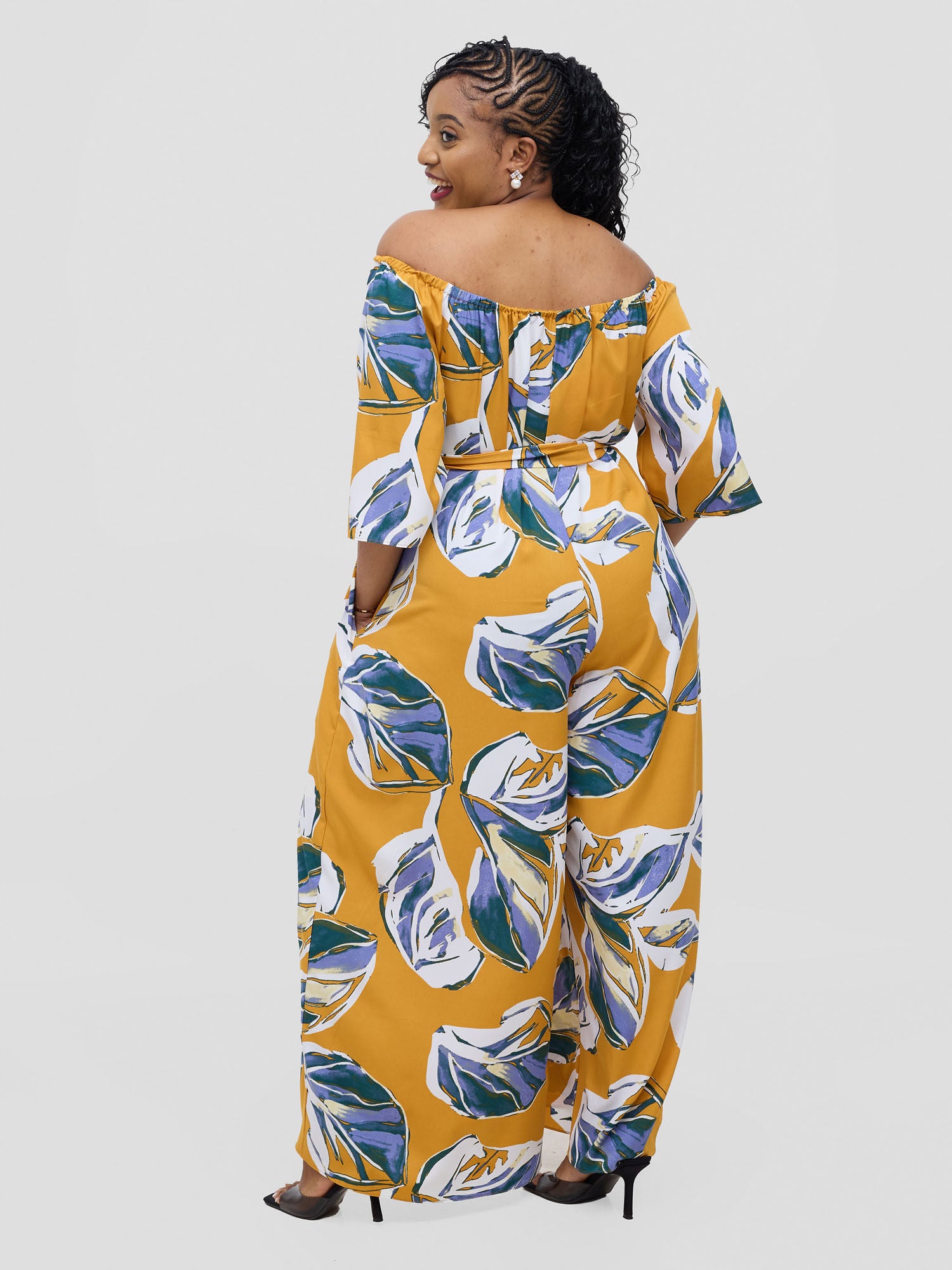 Vivo Zahari 3/4 Sleeve Off-Shoulder Jumpsuit - Purple Ari Print