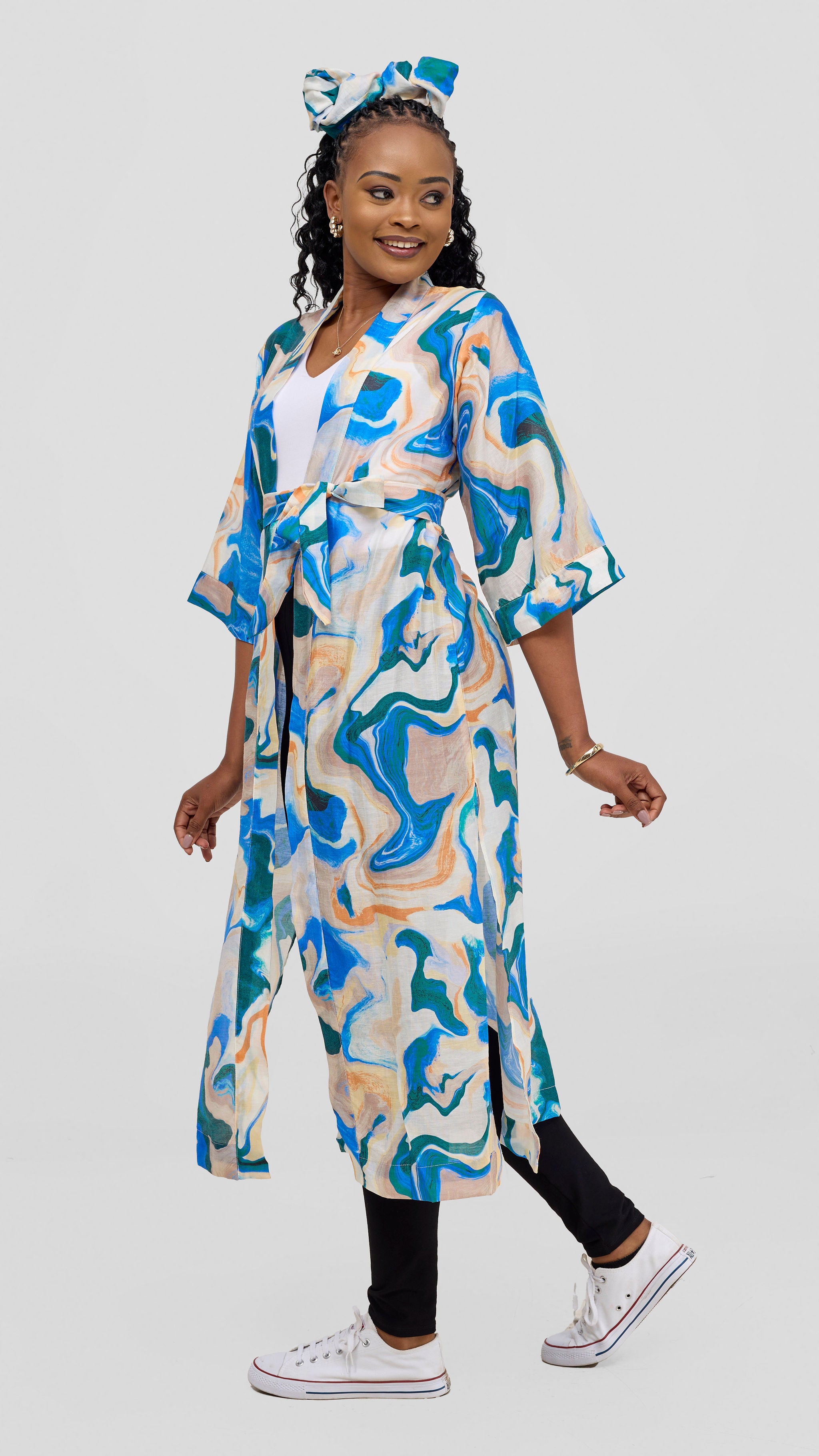 Safari 3/4 Sleeve Maxi Kimono With Headwrap - Off White / Navy Print