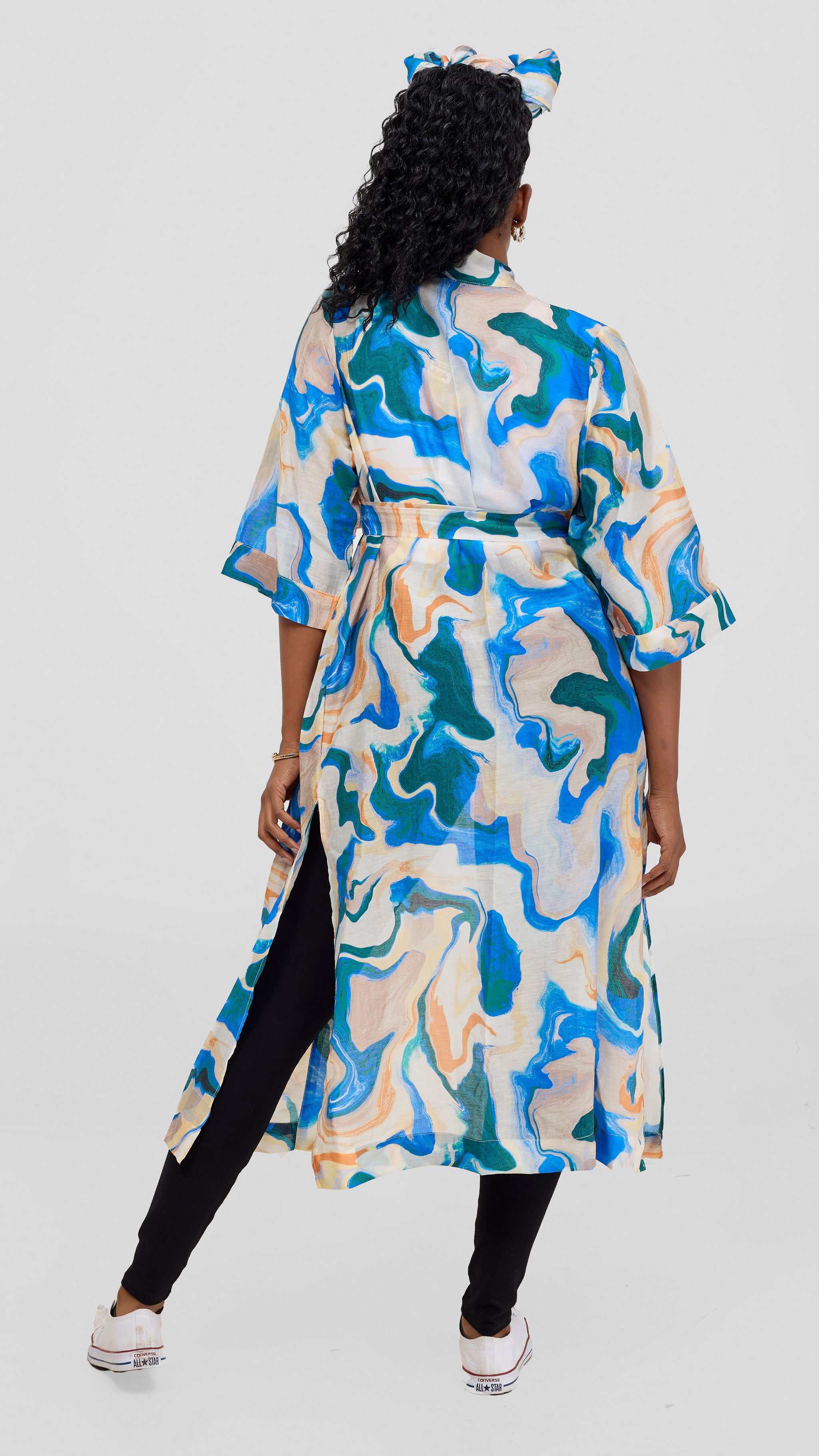 Safari 3/4 Sleeve Maxi Kimono With Headwrap - Off White / Navy Print