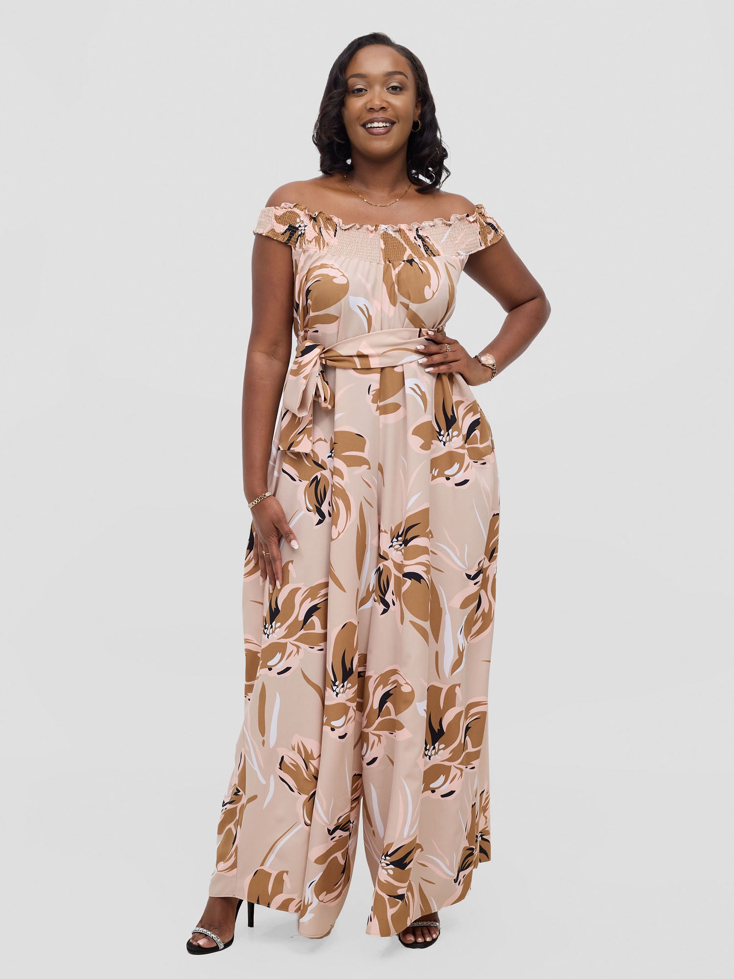 Vivo Alek Shirred Off- Shoulder Jumpsuit - Taupe Jazah Print