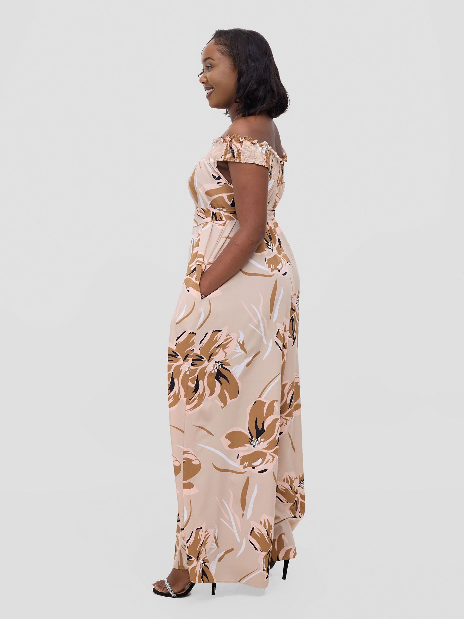 Vivo Alek Shirred Off- Shoulder Jumpsuit - Taupe Jazah Print