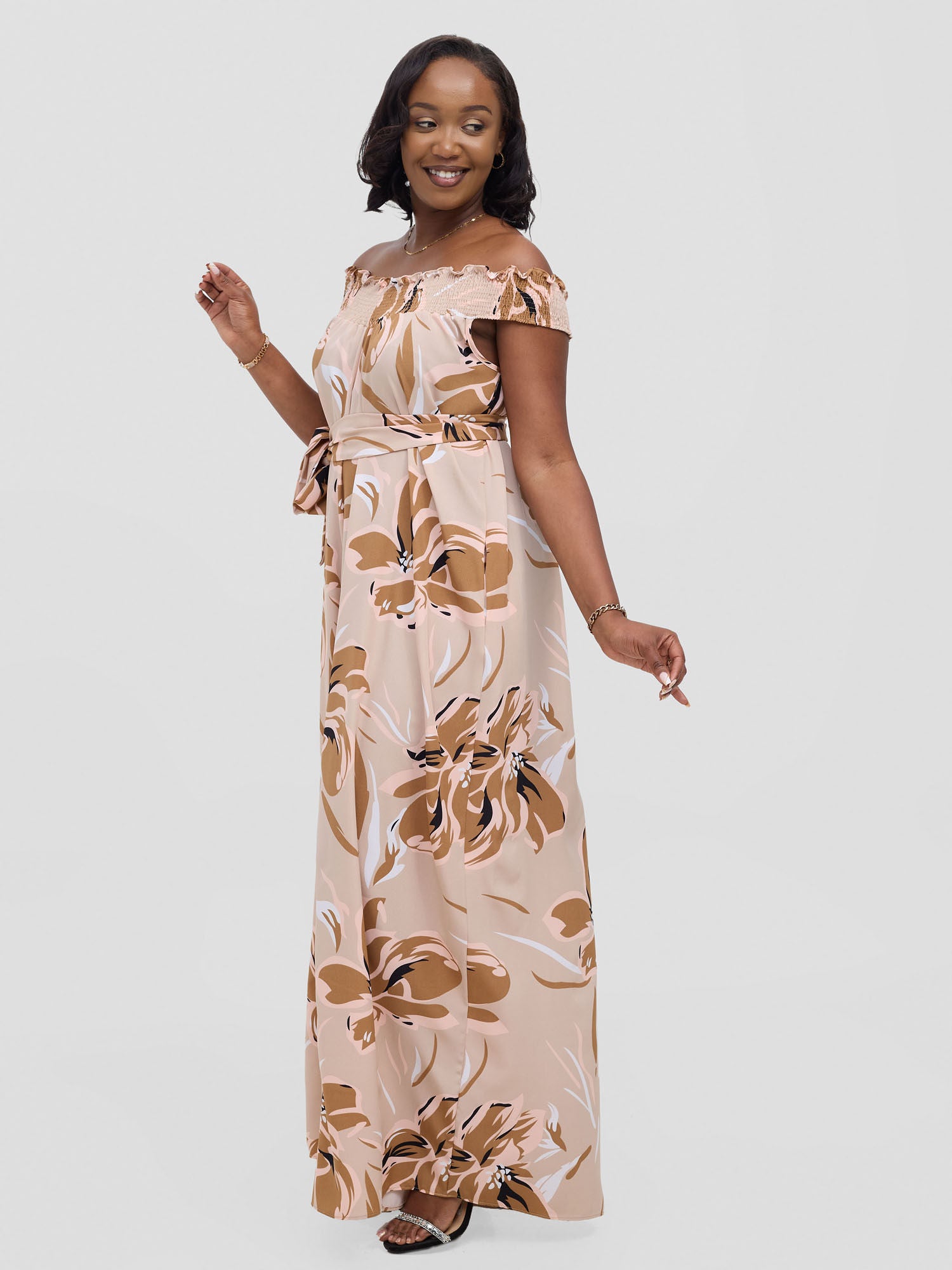 Vivo Alek Shirred Off- Shoulder Jumpsuit - Taupe Jazah Print