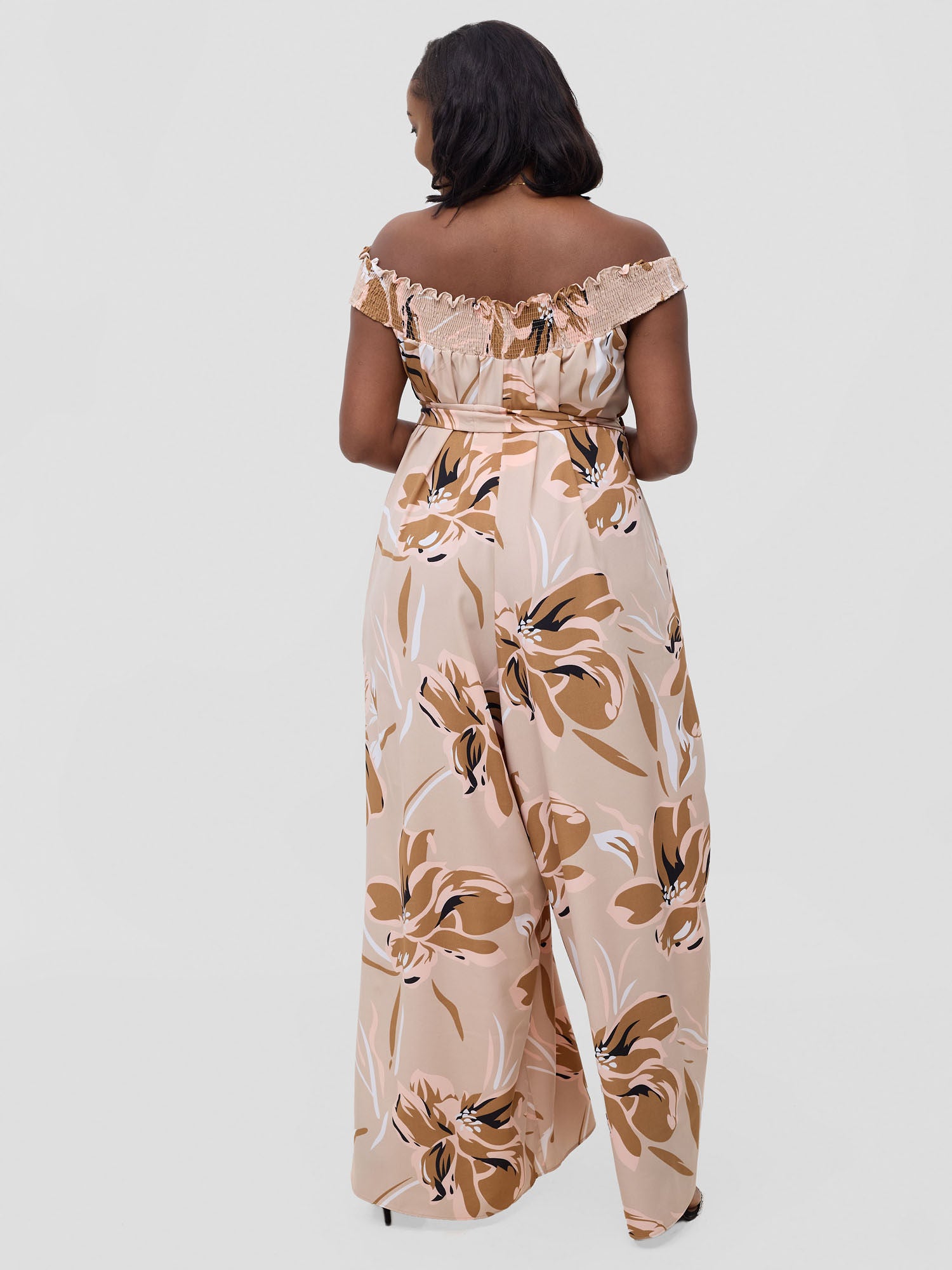 Vivo Alek Shirred Off- Shoulder Jumpsuit - Taupe Jazah Print