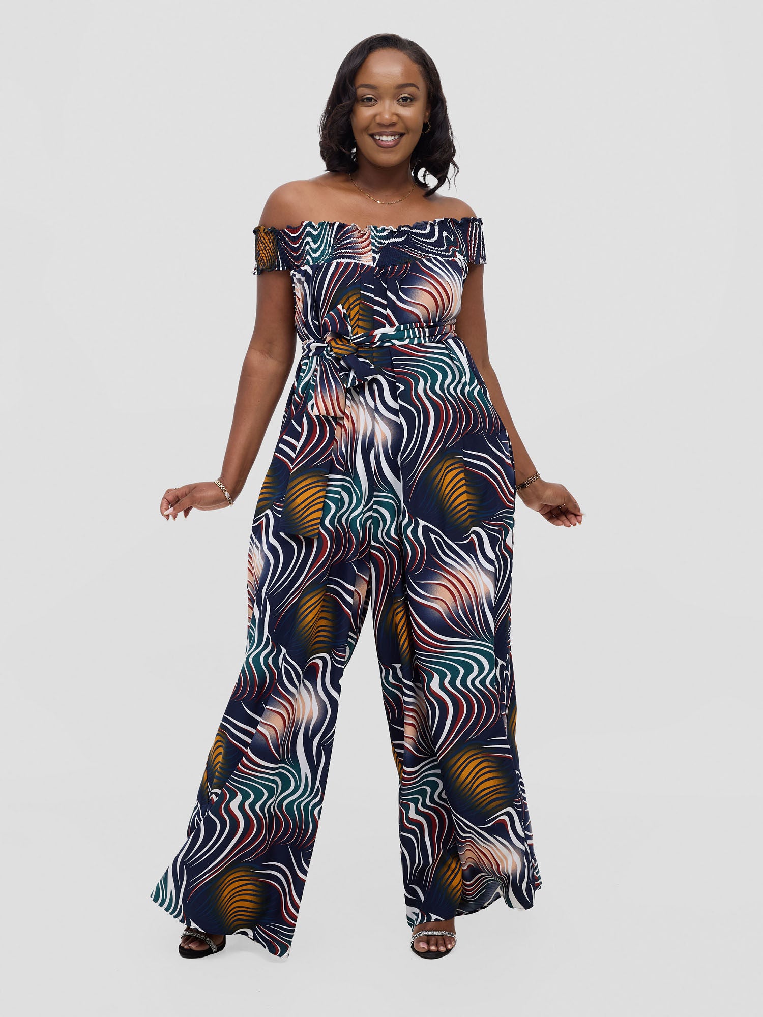 Vivo Alek Shirred Off- Shoulder Jumpsuit - Navy Jazah Print