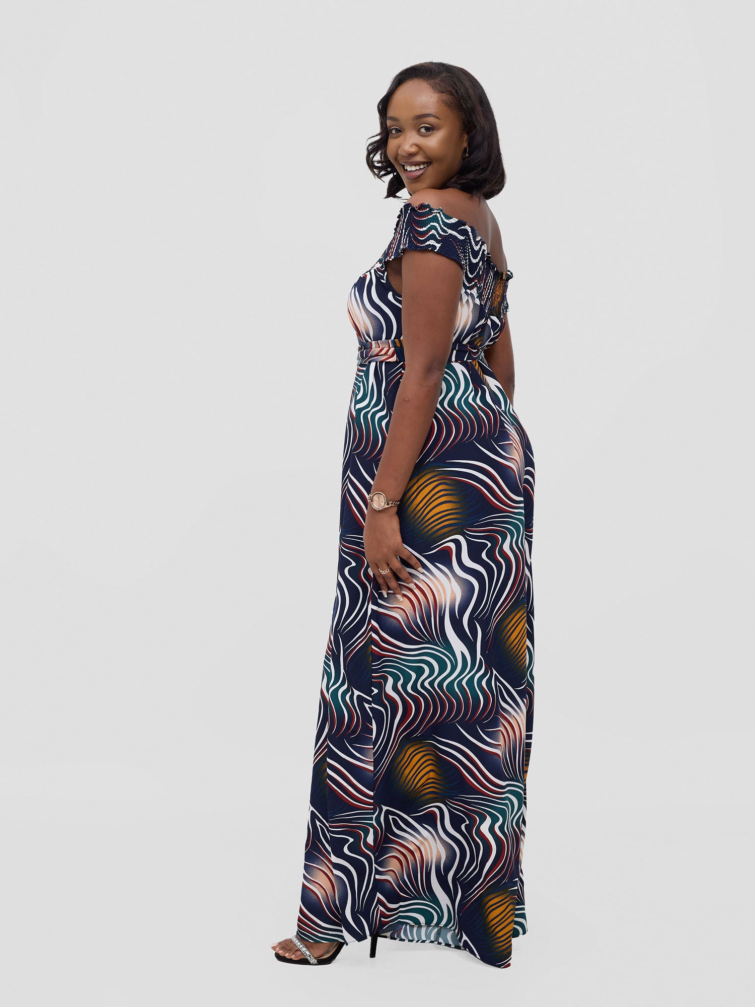Vivo Alek Shirred Off- Shoulder Jumpsuit - Navy Jazah Print