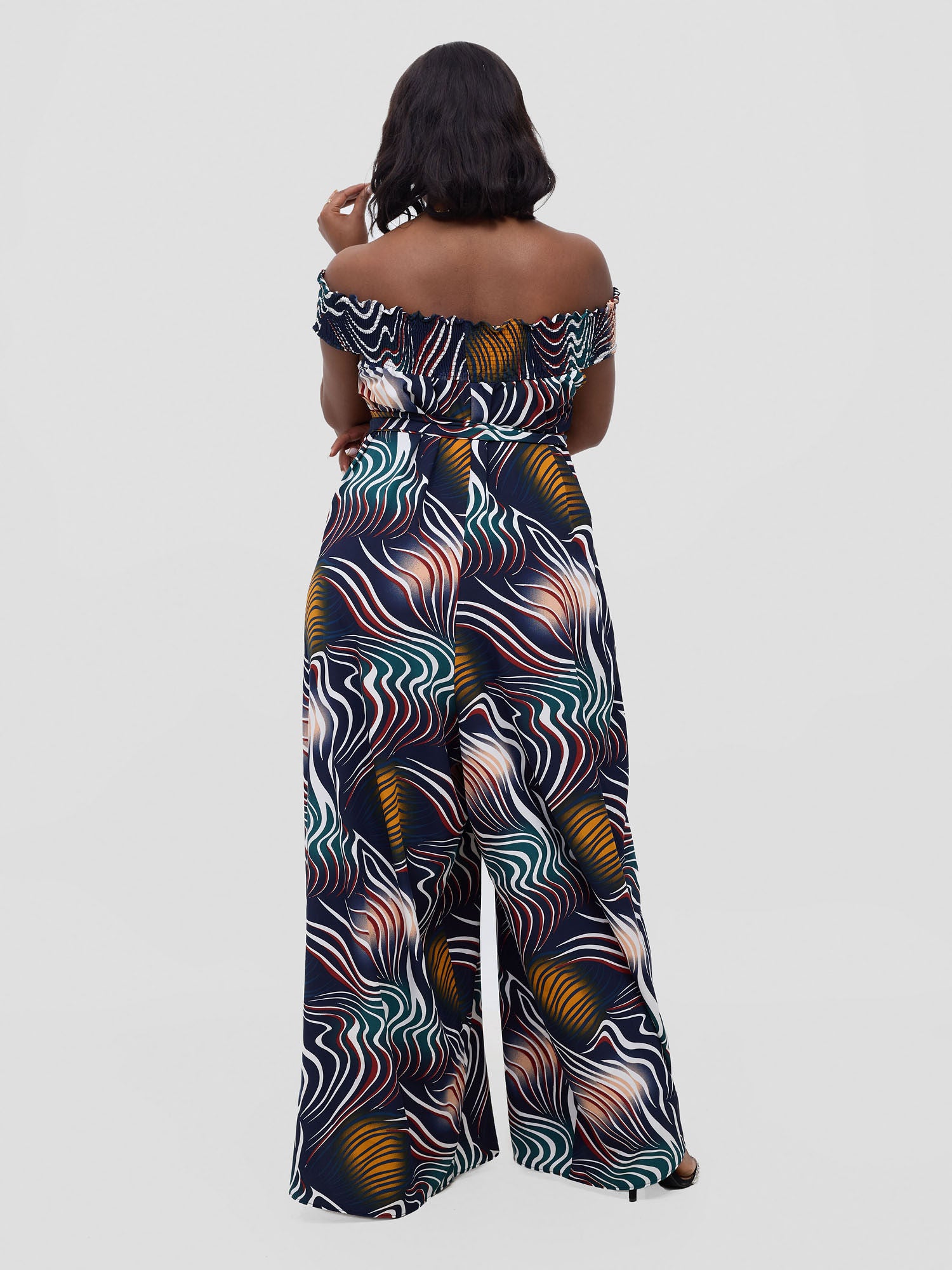 Vivo Alek Shirred Off- Shoulder Jumpsuit - Navy Jazah Print