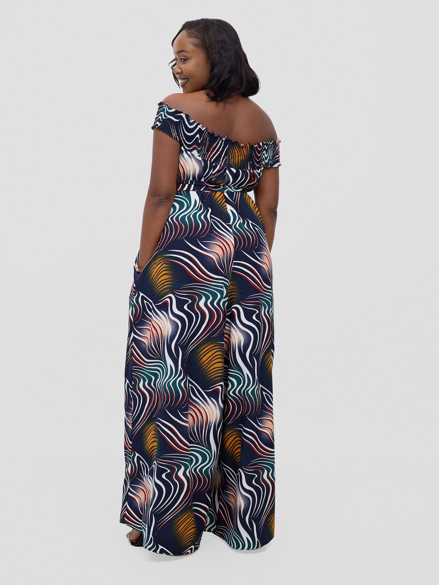 Vivo Alek Shirred Off- Shoulder Jumpsuit - Navy Jazah Print