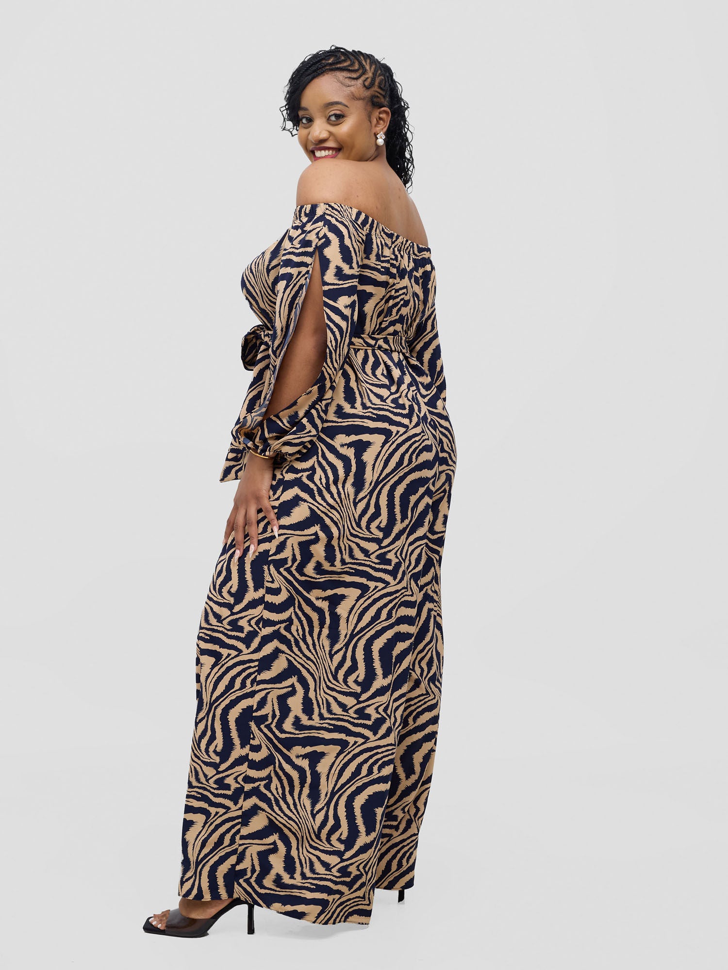 Vivo Yumi Off Shoulder Jumpsuit - Taupe Omi Print