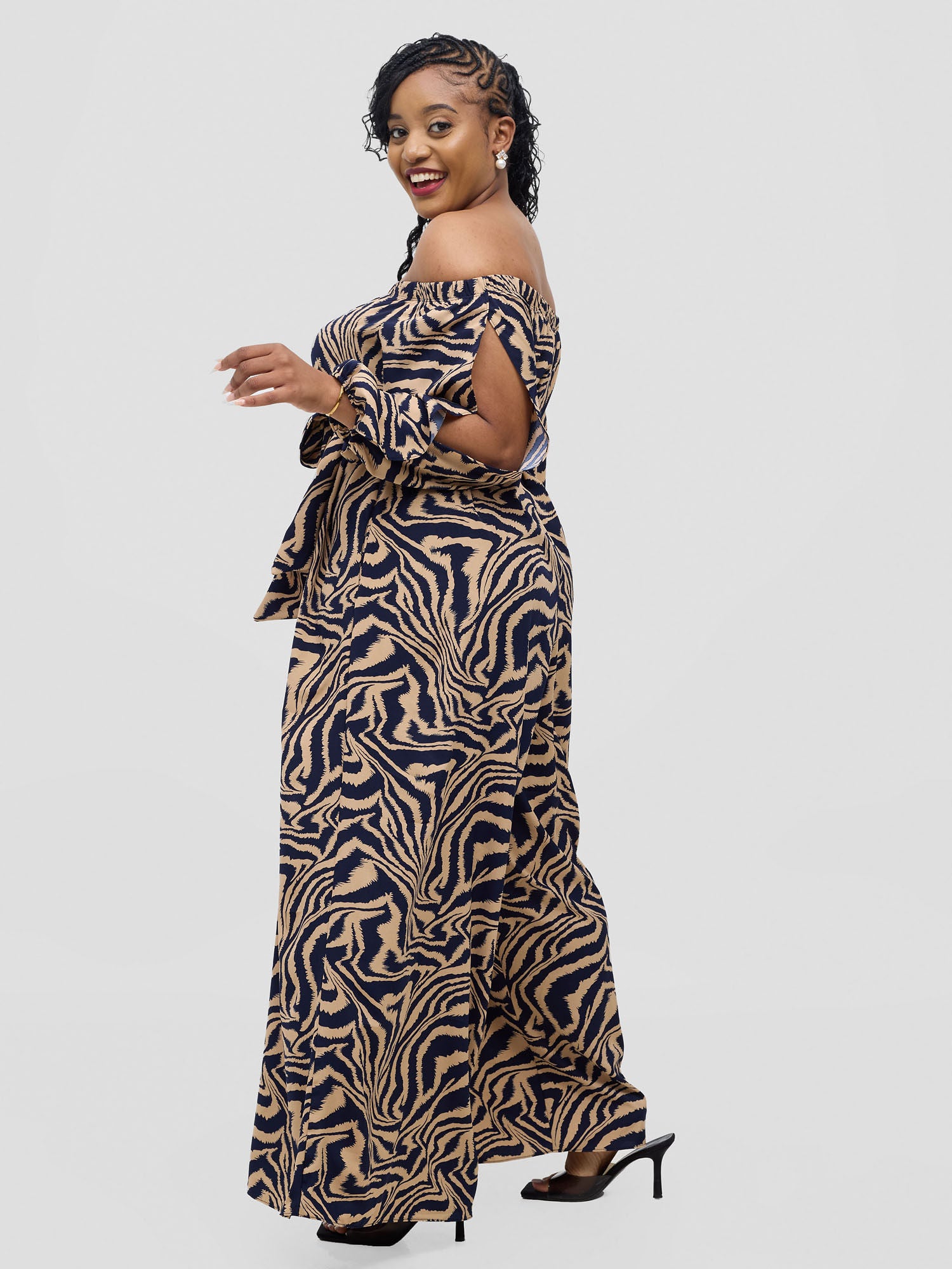 Vivo Yumi Off Shoulder Jumpsuit - Taupe Omi Print