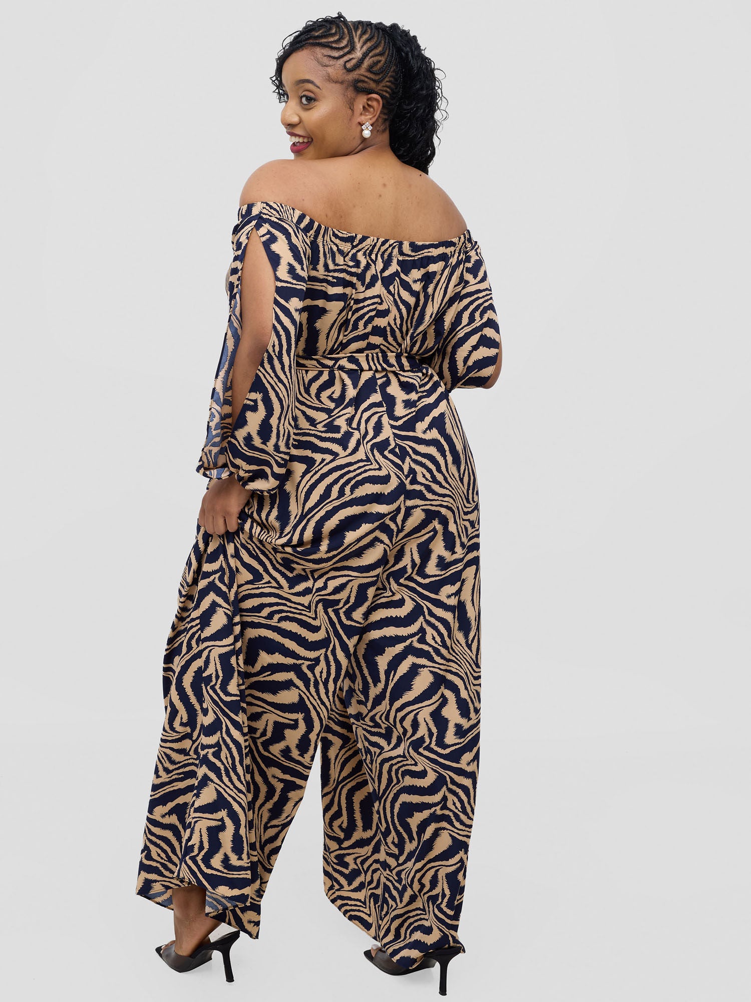 Vivo Yumi Off Shoulder Jumpsuit - Taupe Omi Print