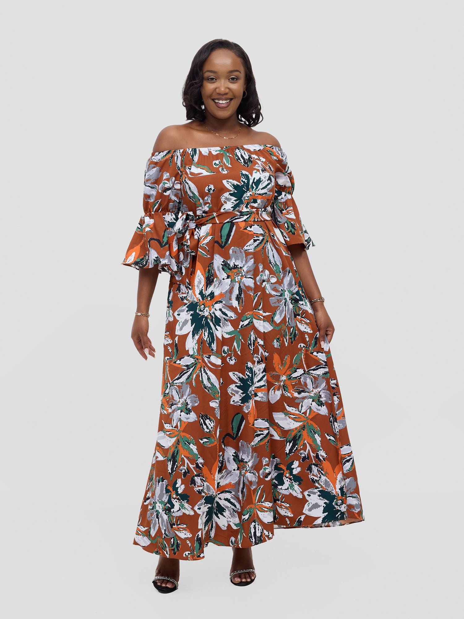 Vivo Tana Off Shoulder Maxi Dress - Multicolour Rust Print