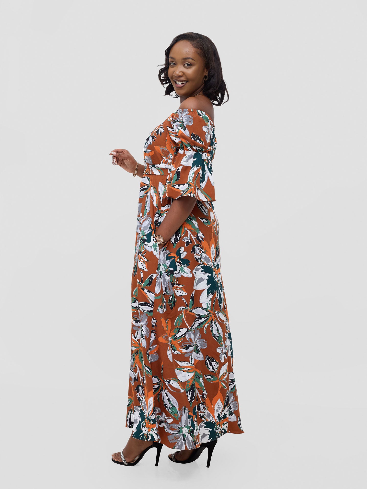 Vivo Tana Off Shoulder Maxi Dress - Multicolour Rust Print