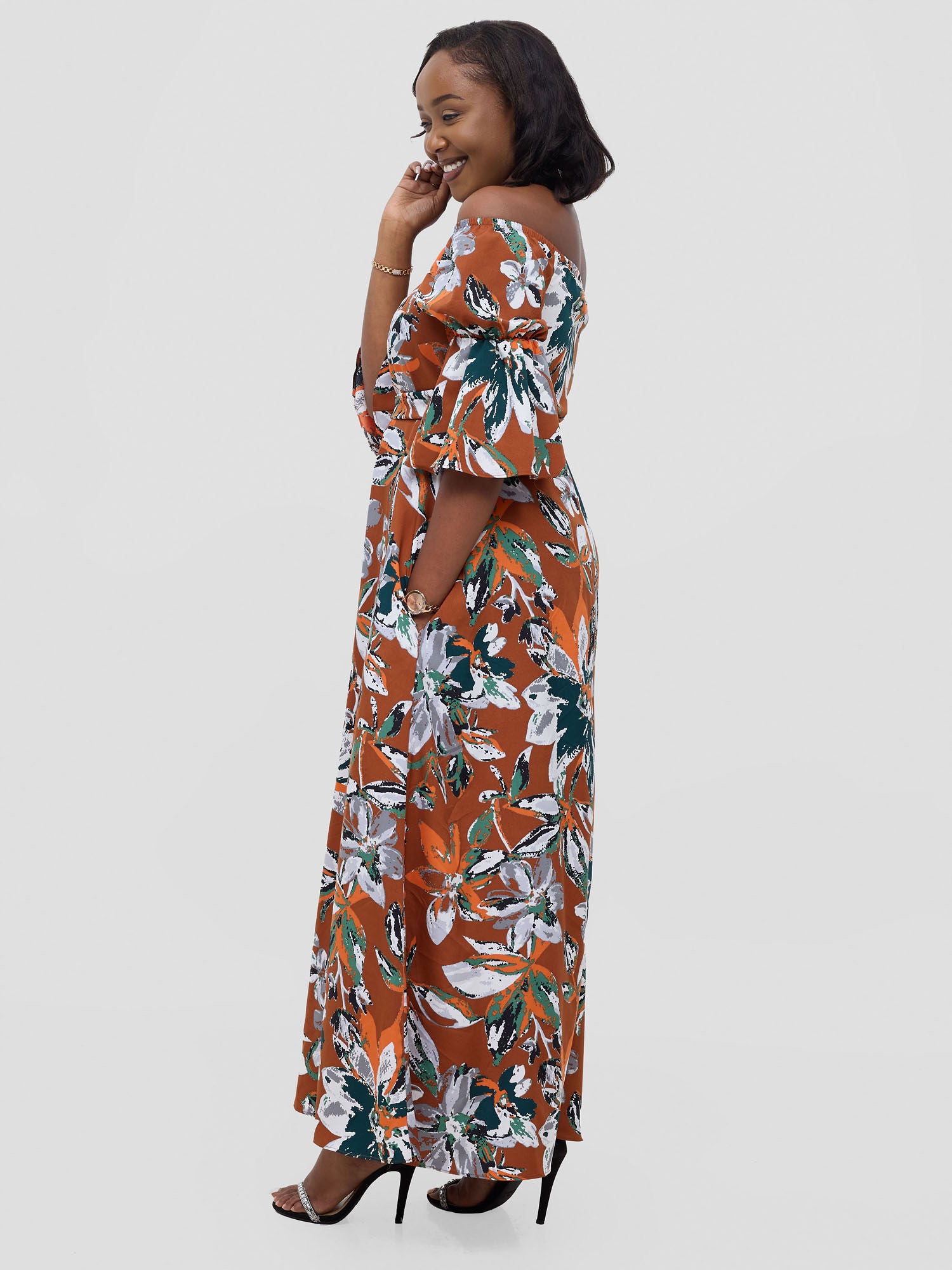 Vivo Tana Off Shoulder Maxi Dress - Multicolour Rust Print