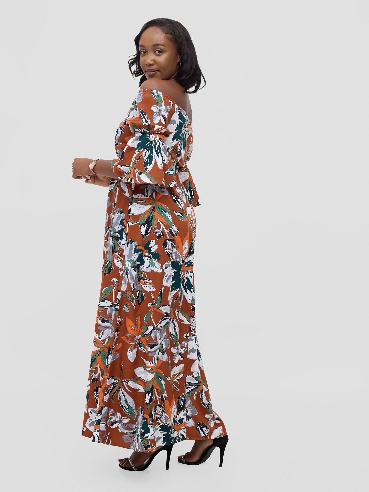 Vivo Tana Off Shoulder Maxi Dress - Multicolour Rust Print
