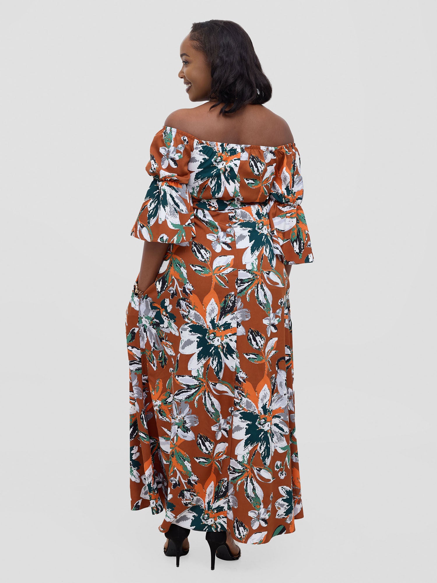 Vivo Tana Off Shoulder Maxi Dress - Multicolour Rust Print
