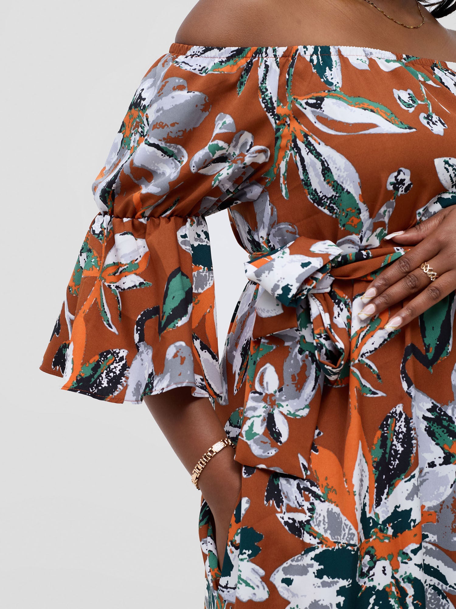 Vivo Tana Off Shoulder Maxi Dress - Multicolour Rust Print