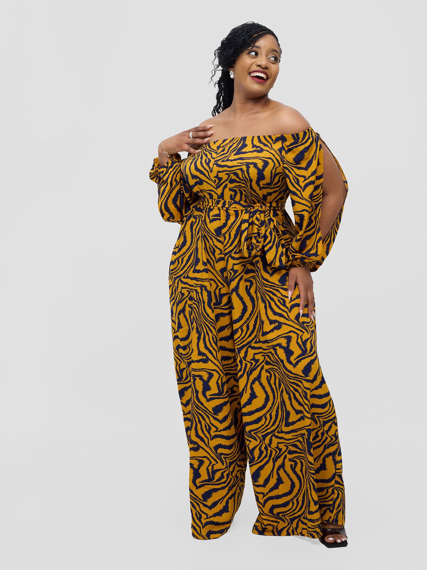 Vivo Yumi Off Shoulder Jumpsuit - Mustard Omi Print