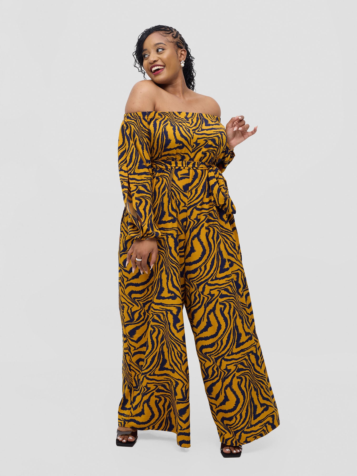 Vivo Yumi Off Shoulder Jumpsuit - Mustard Omi Print