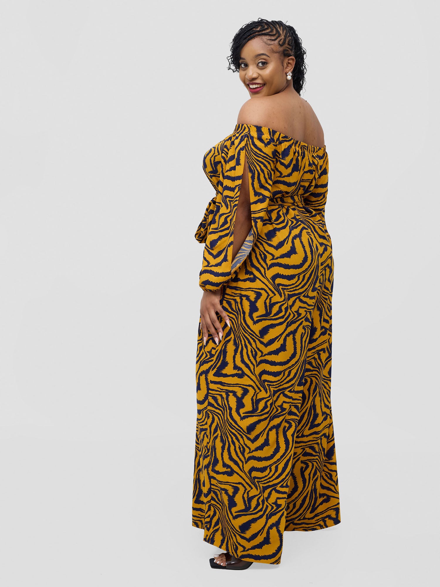 Vivo Yumi Off Shoulder Jumpsuit - Mustard Omi Print