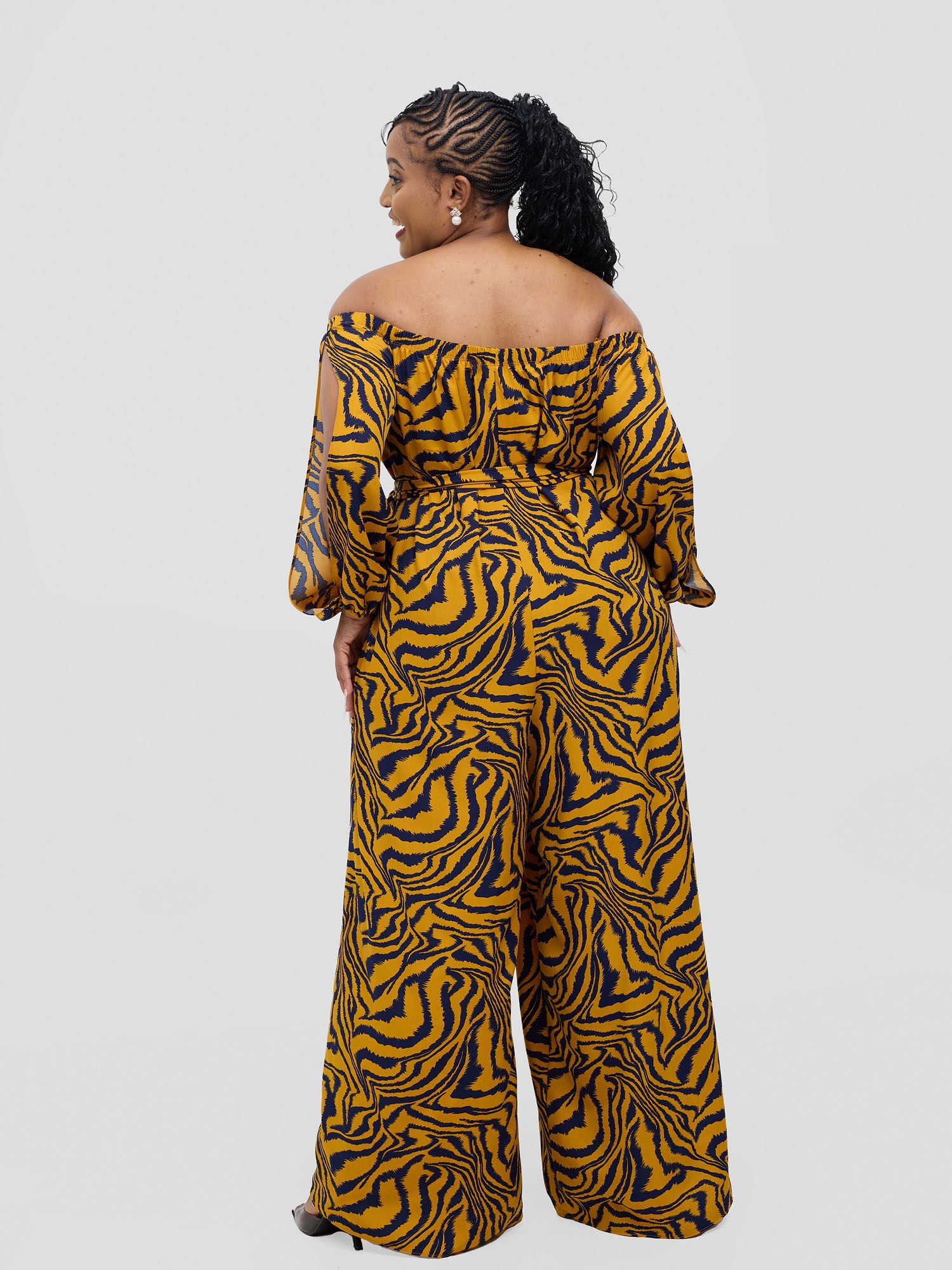 Vivo Yumi Off Shoulder Jumpsuit - Mustard Omi Print