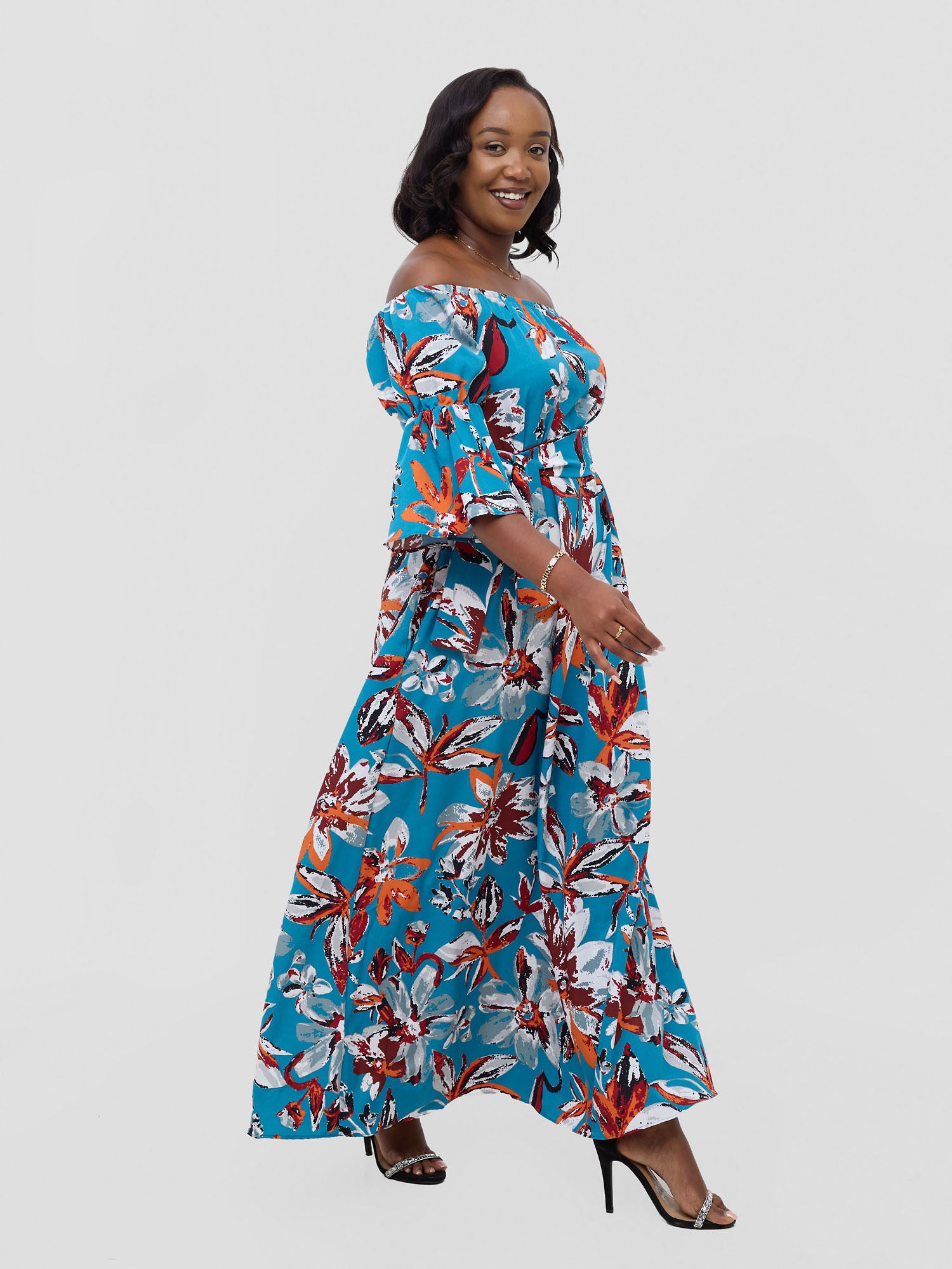 Vivo Tana Off Shoulder Maxi Dress - Multicolour Blue Print