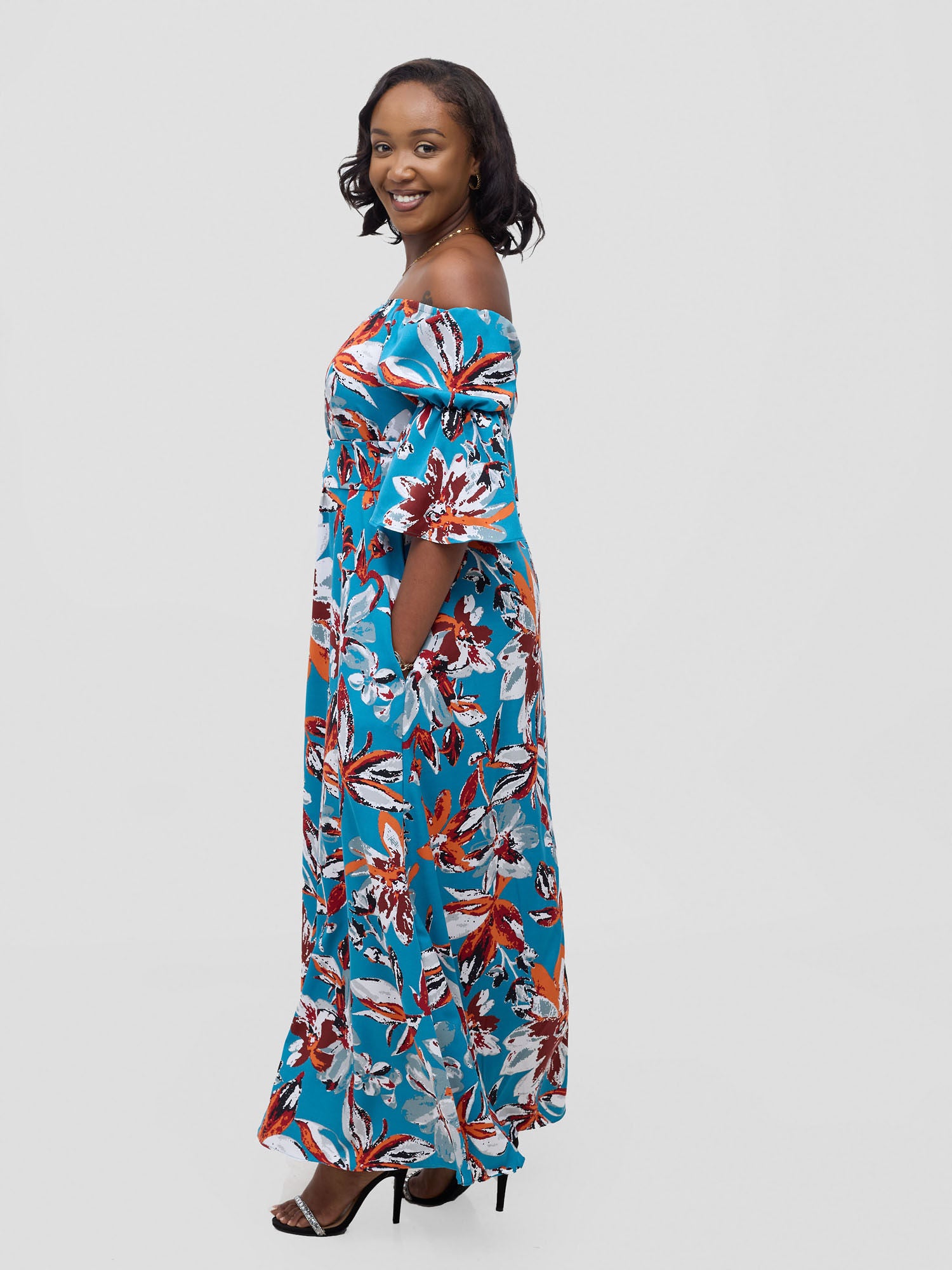 Vivo Tana Off Shoulder Maxi Dress - Multicolour Blue Print