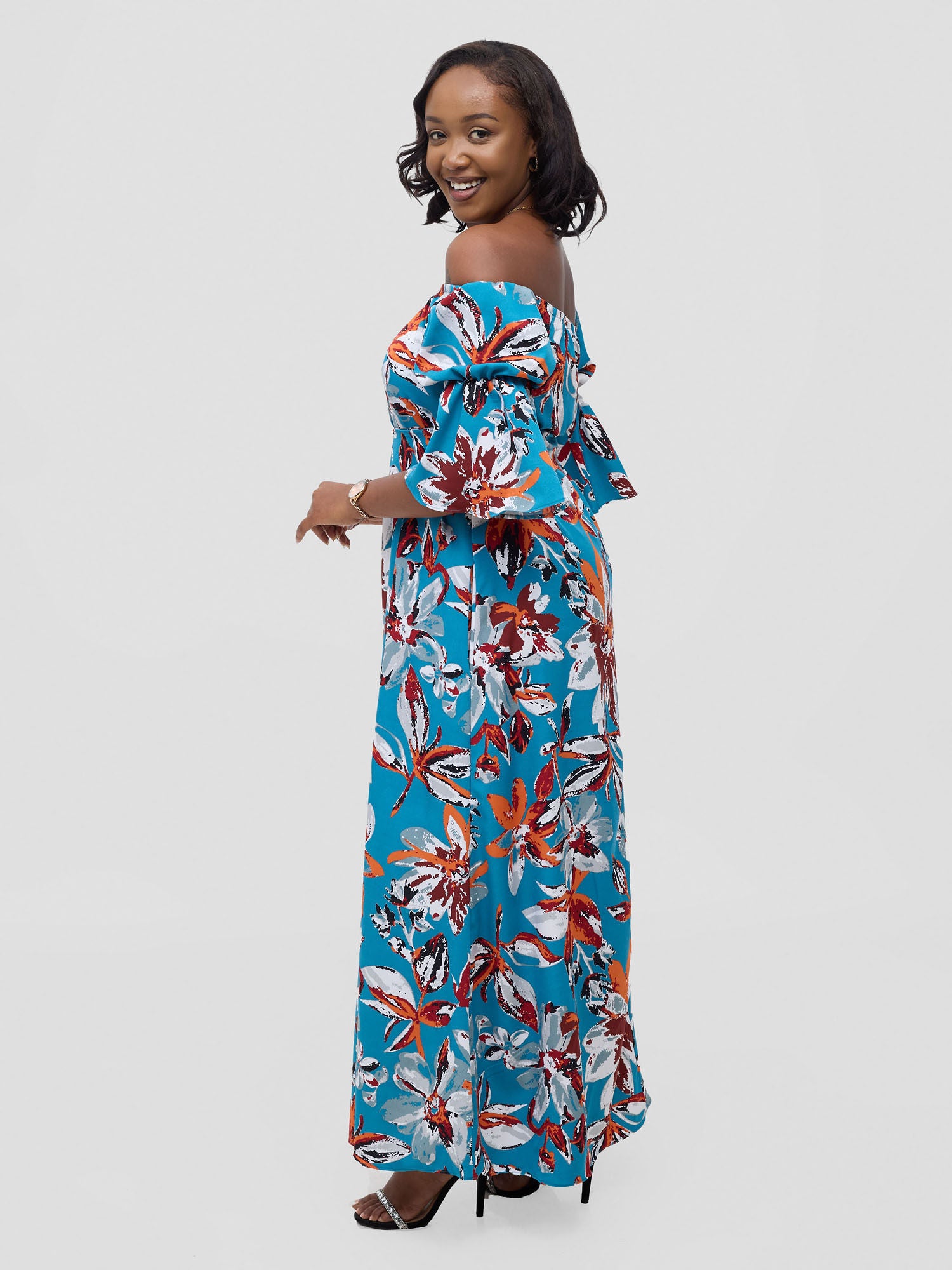 Vivo Tana Off Shoulder Maxi Dress - Multicolour Blue Print