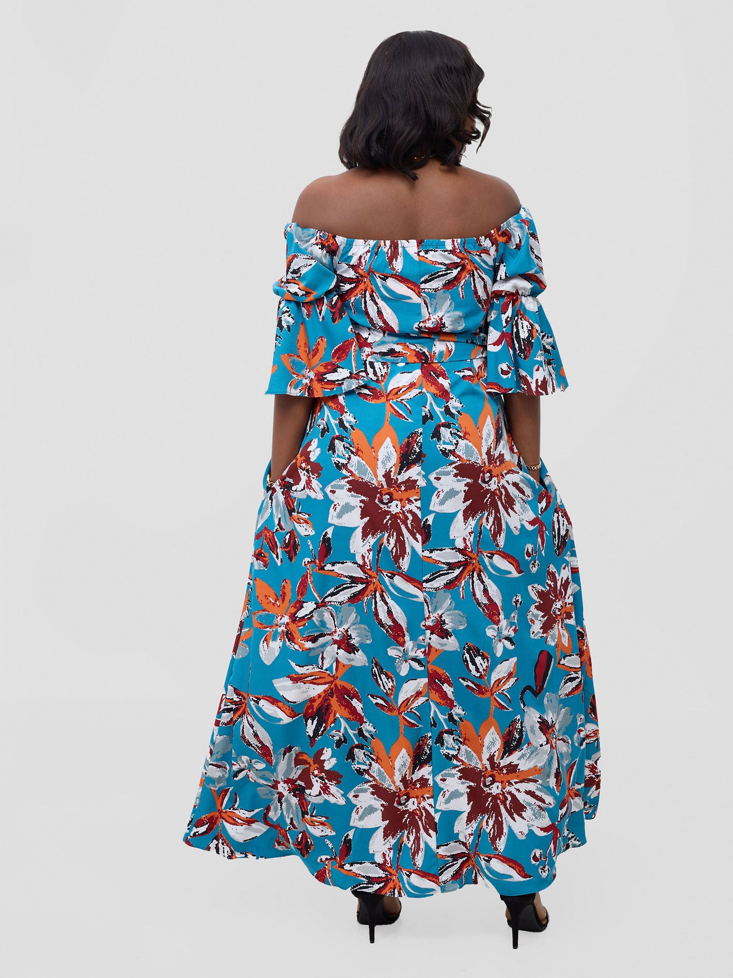Vivo Tana Off Shoulder Maxi Dress - Multicolour Blue Print