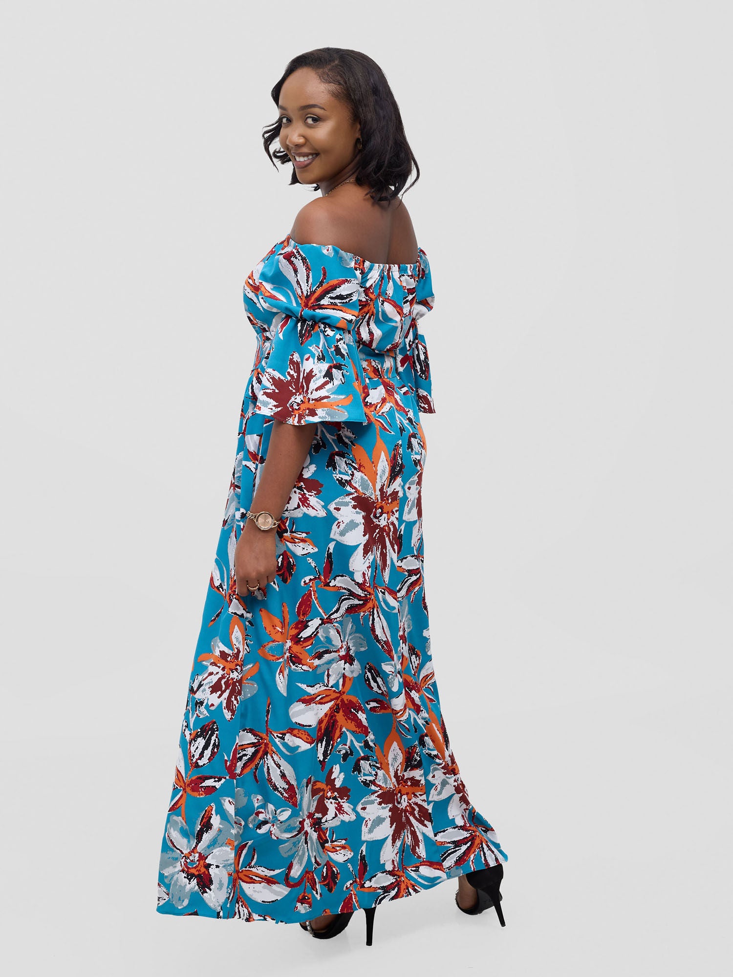Vivo Tana Off Shoulder Maxi Dress - Multicolour Blue Print
