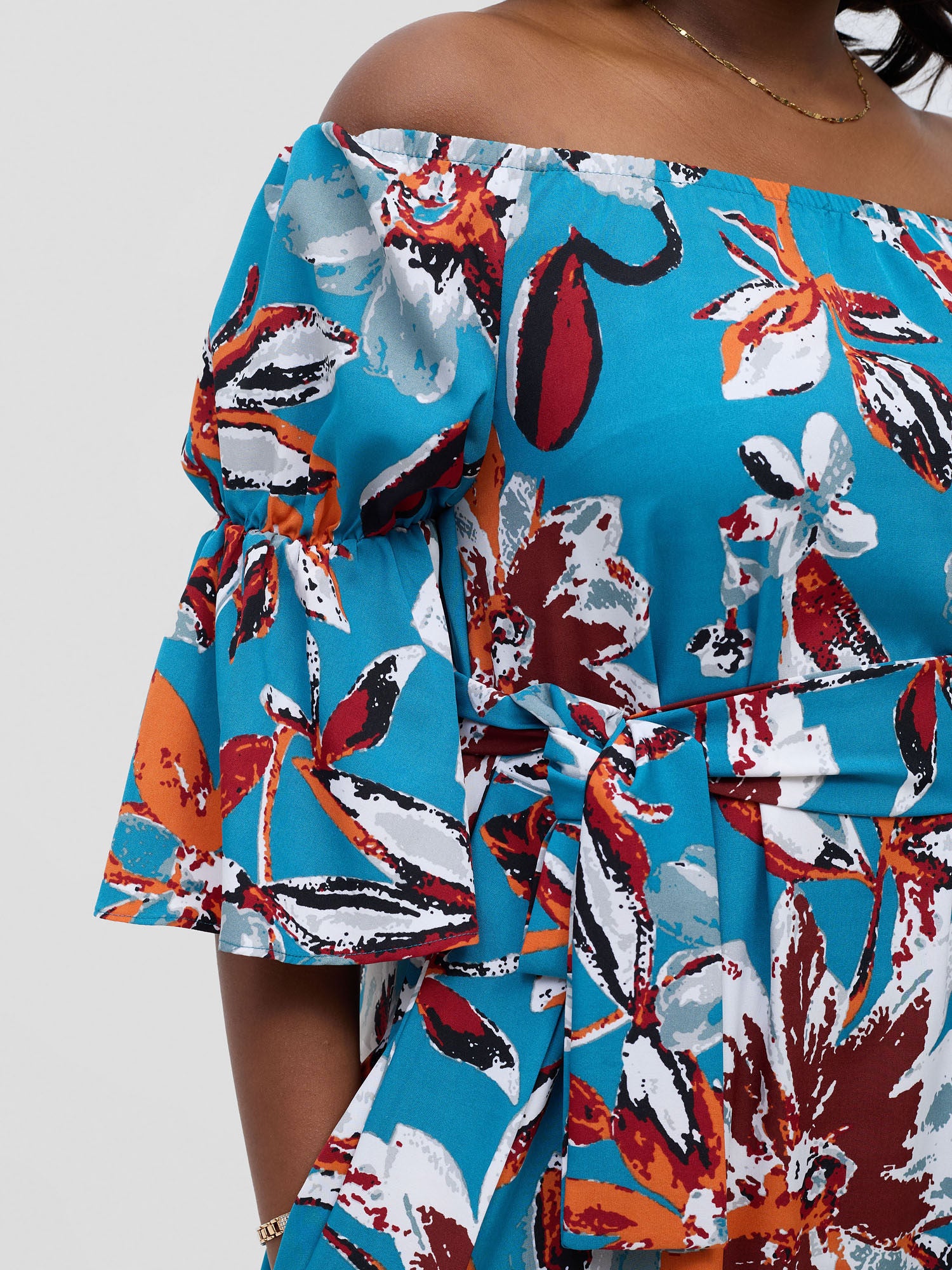 Vivo Tana Off Shoulder Maxi Dress - Multicolour Blue Print