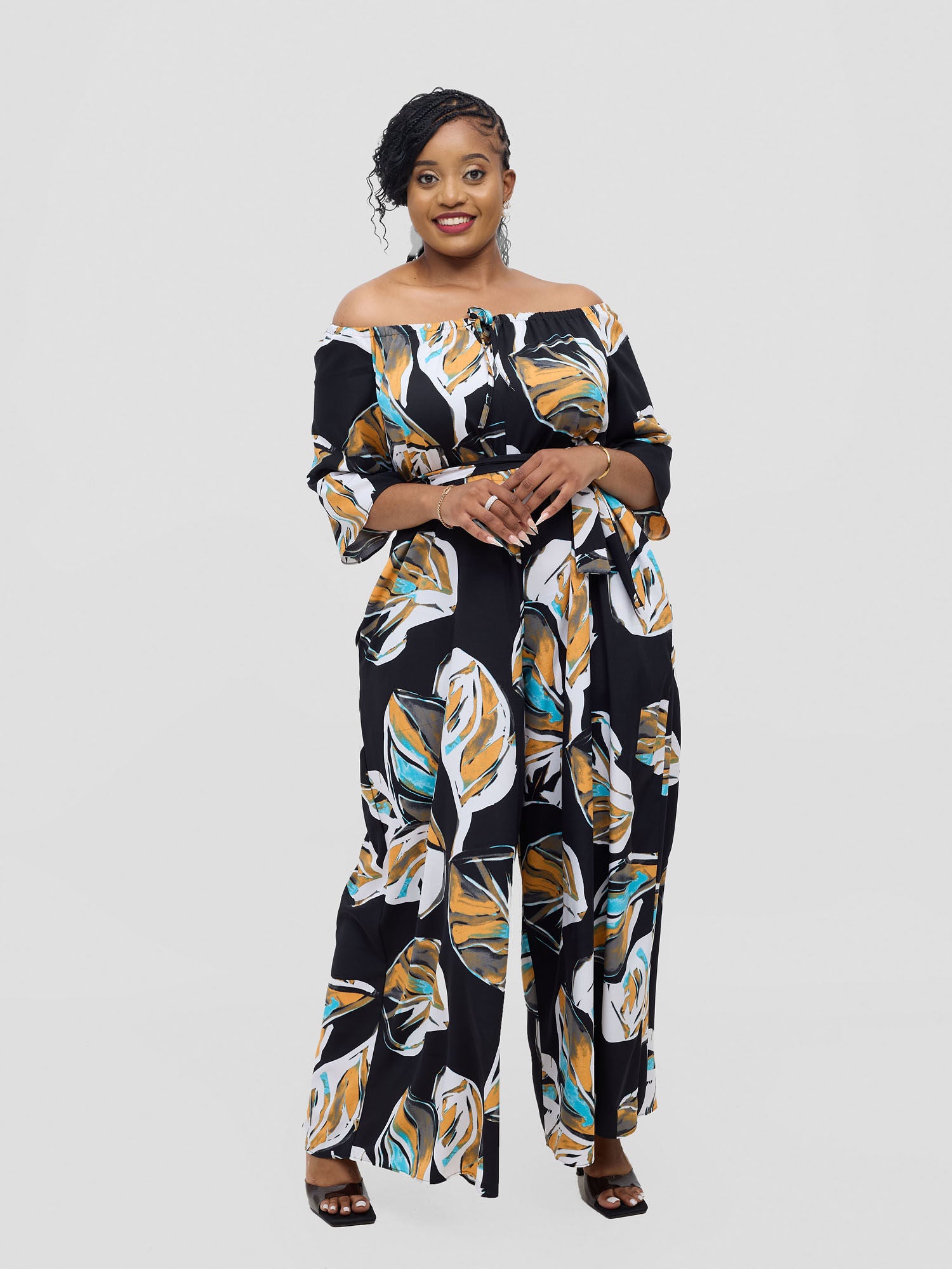 Vivo Zahari 3/4 Sleeve Off-Shoulder Jumpsuit - Black Ari Print
