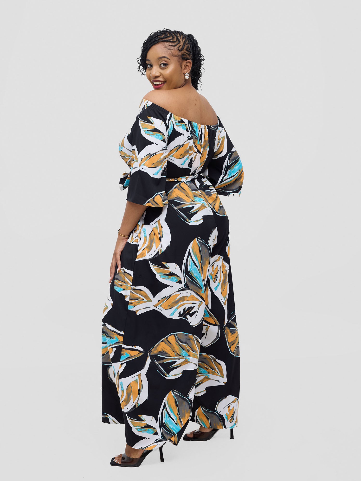Vivo Zahari 3/4 Sleeve Off-Shoulder Jumpsuit - Black Ari Print