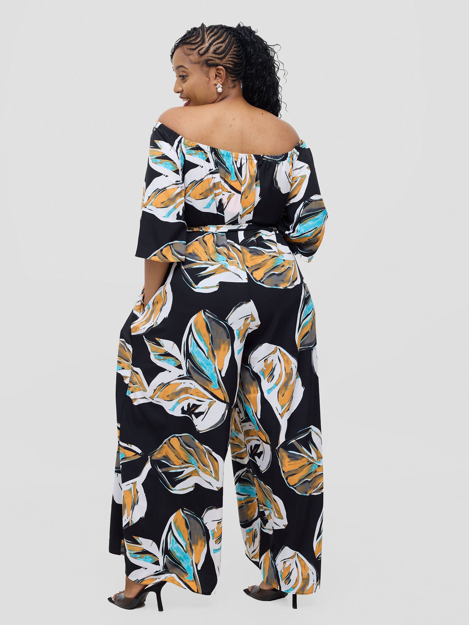 Vivo Zahari 3/4 Sleeve Off-Shoulder Jumpsuit - Black Ari Print
