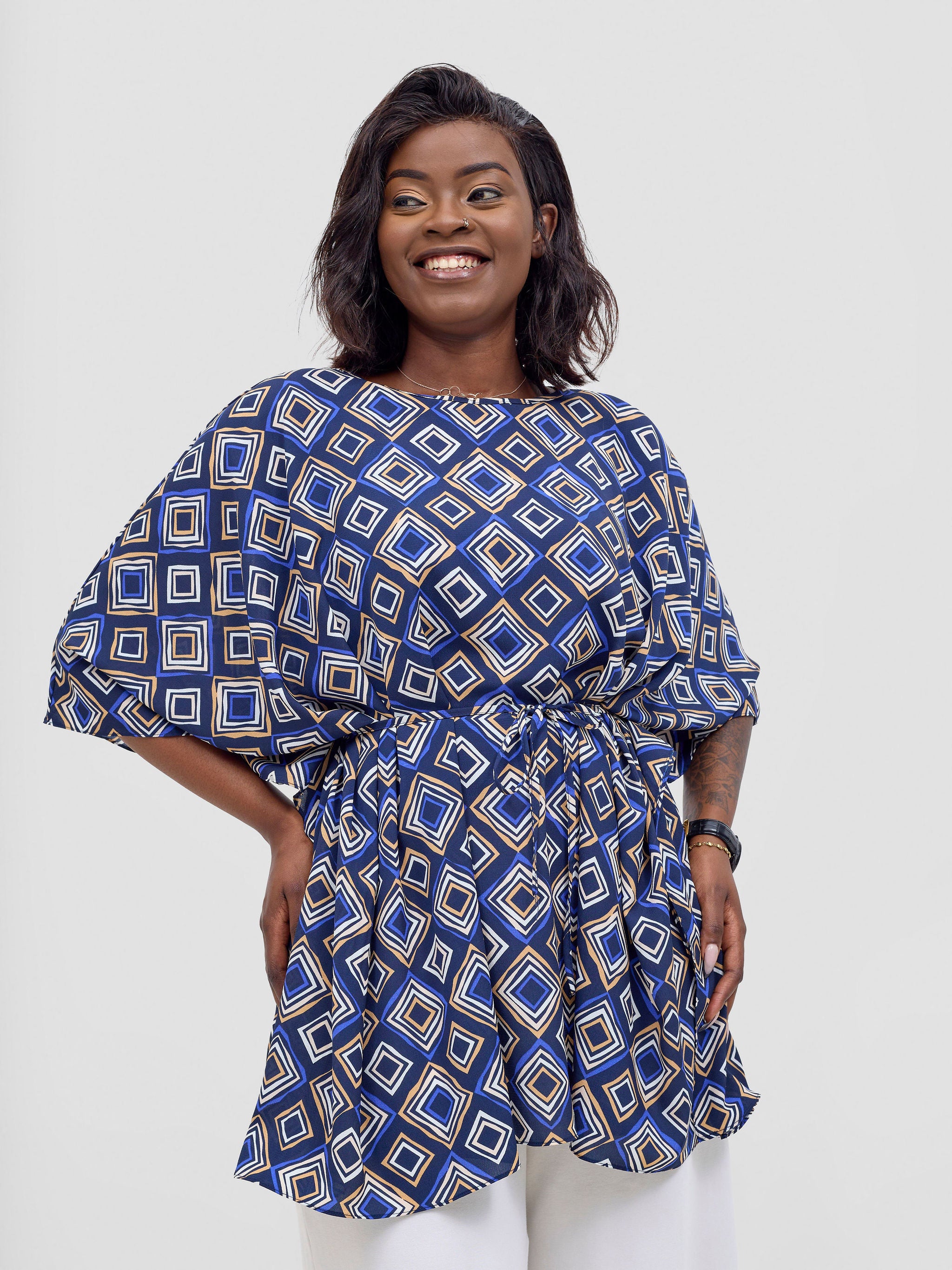 Vivo Basic Chiffon Tie Kaftan Top - Navy / Royal Blue Api Print