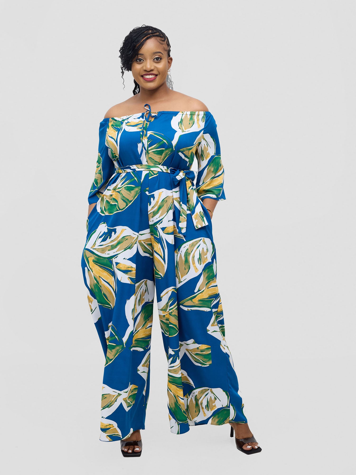 Vivo Zahari 3/4 Sleeve Off-Shoulder Jumpsuit - Royal Blue Ari Print