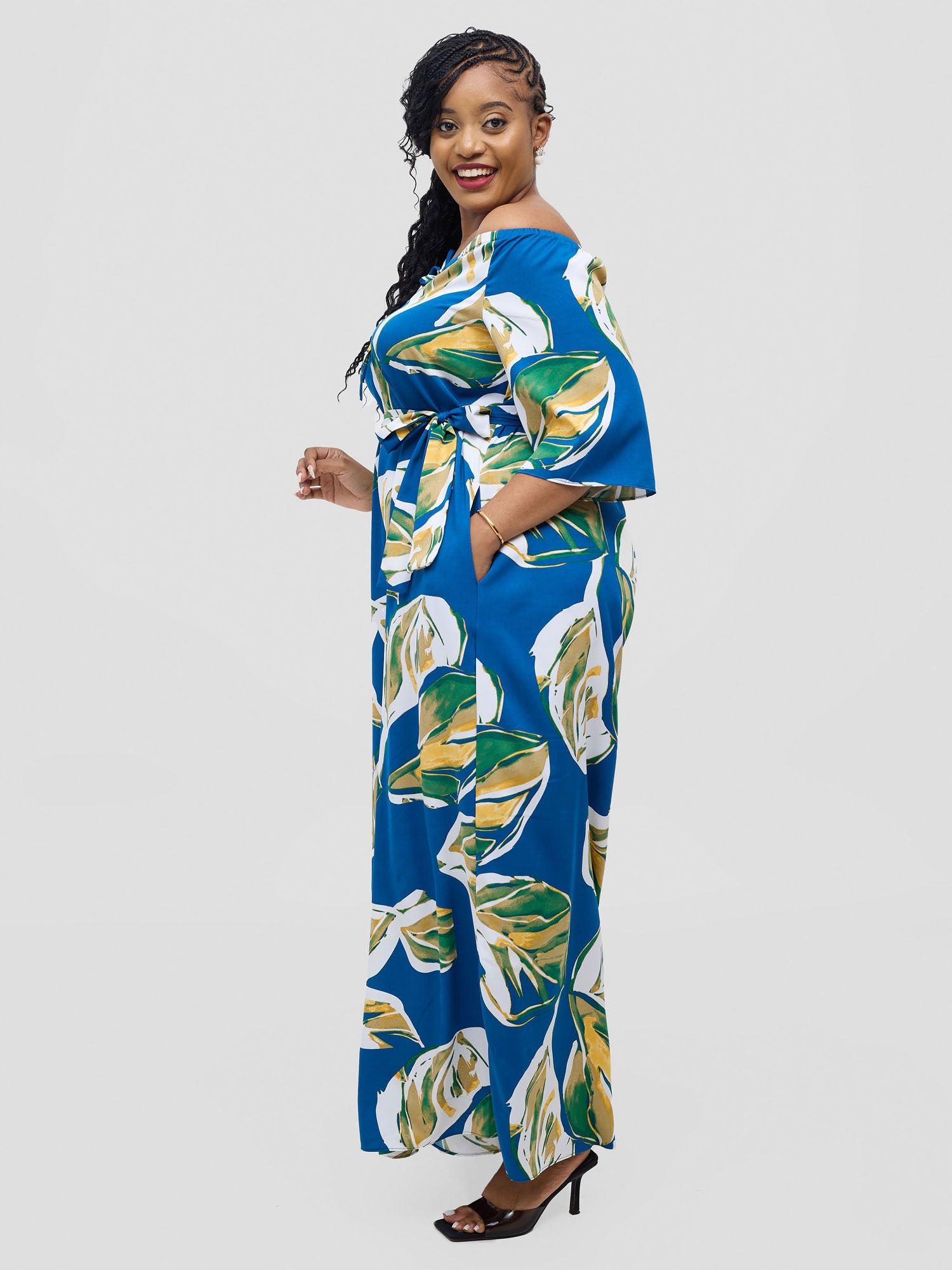 Vivo Zahari 3/4 Sleeve Off-Shoulder Jumpsuit - Royal Blue Ari Print