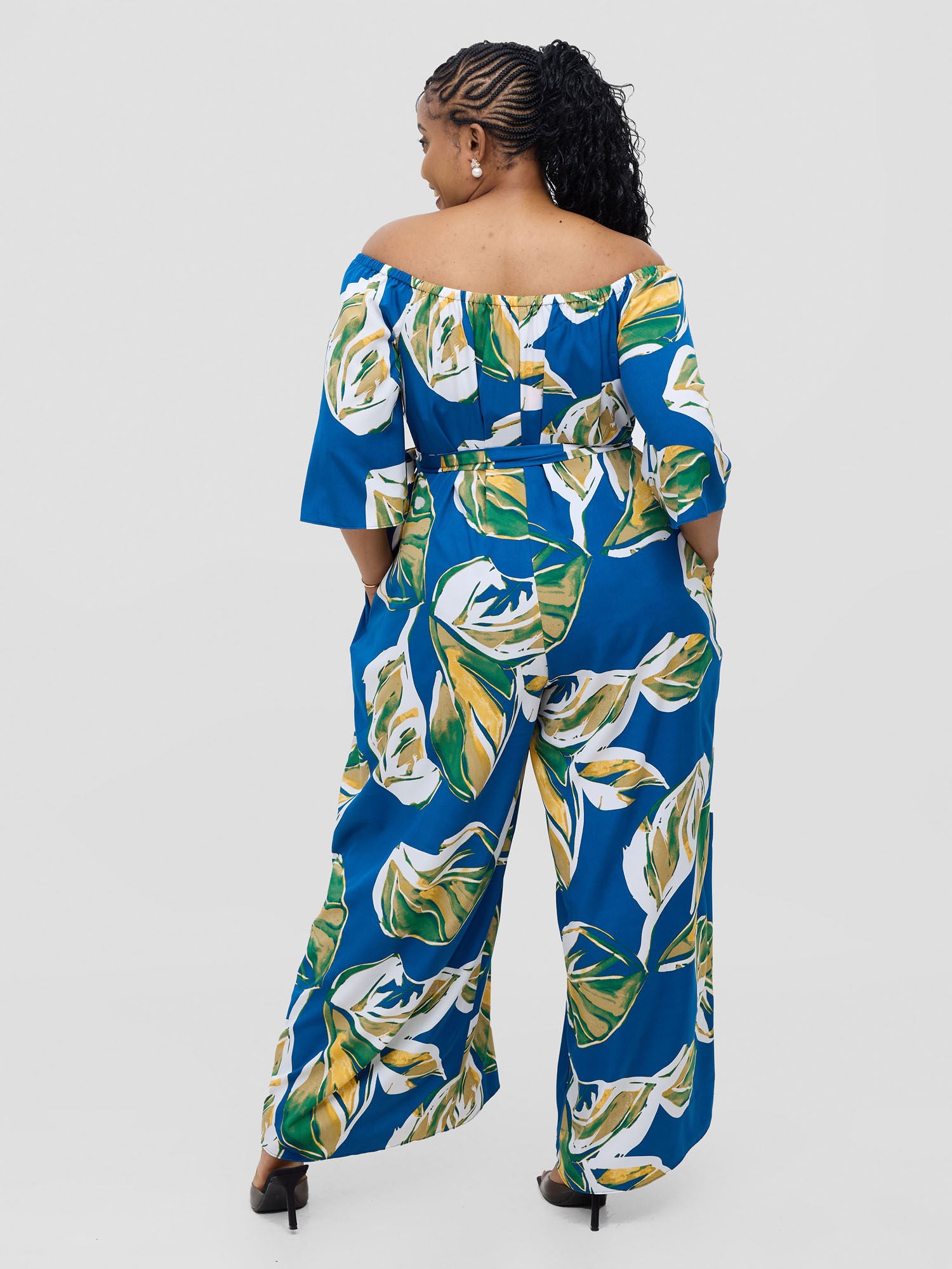 Vivo Zahari 3/4 Sleeve Off-Shoulder Jumpsuit - Royal Blue Ari Print